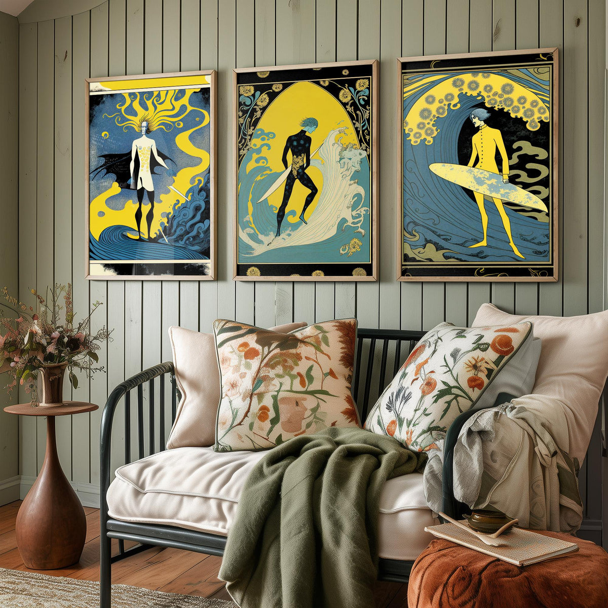 Art Nouveau Surfers Set of Three Art Prints - Yellow and Blue Surf Posters - Vintage Graphic Illustration Poster