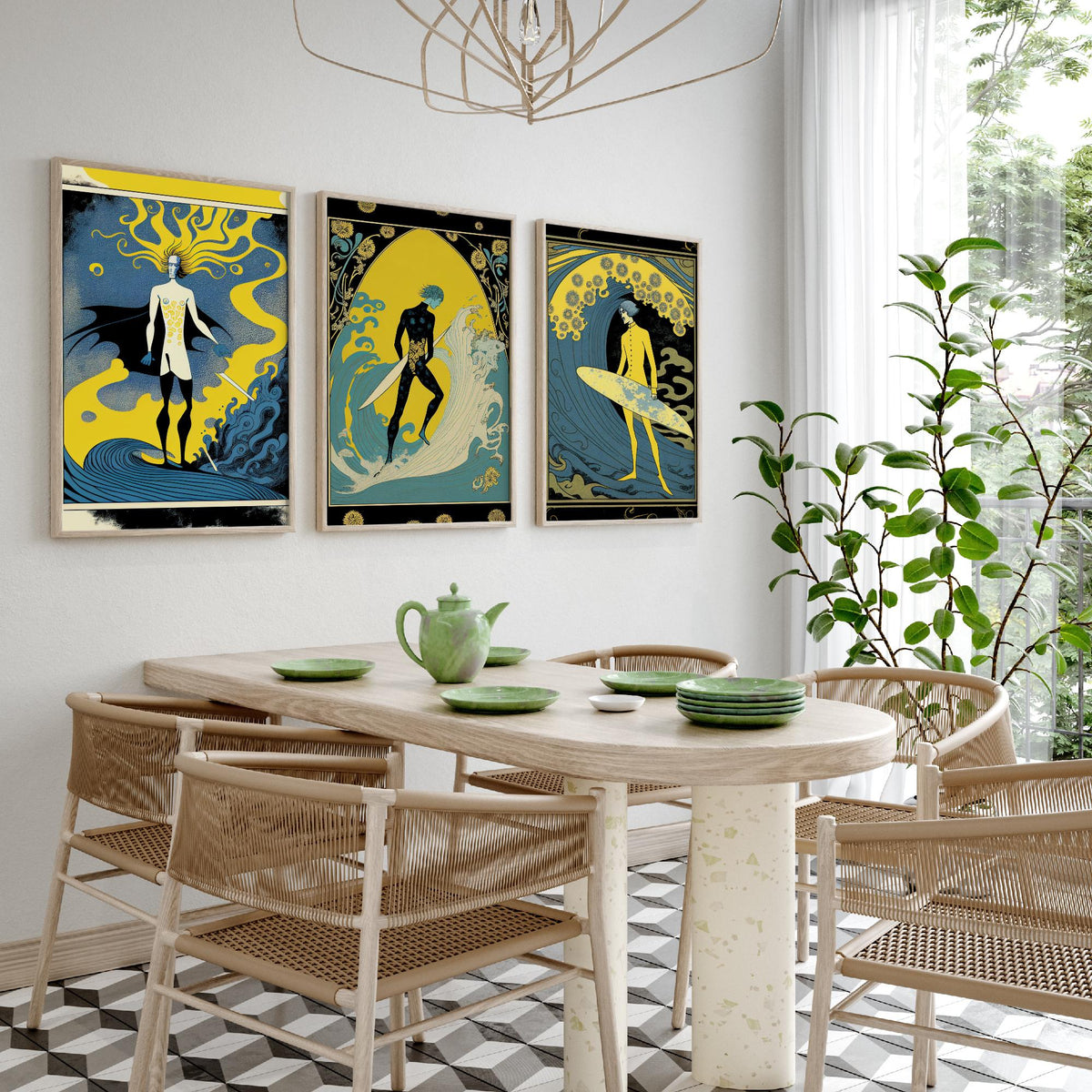 Art Nouveau Surfers Set of Three Art Prints - Yellow and Blue Surf Posters - Vintage Graphic Illustration Poster