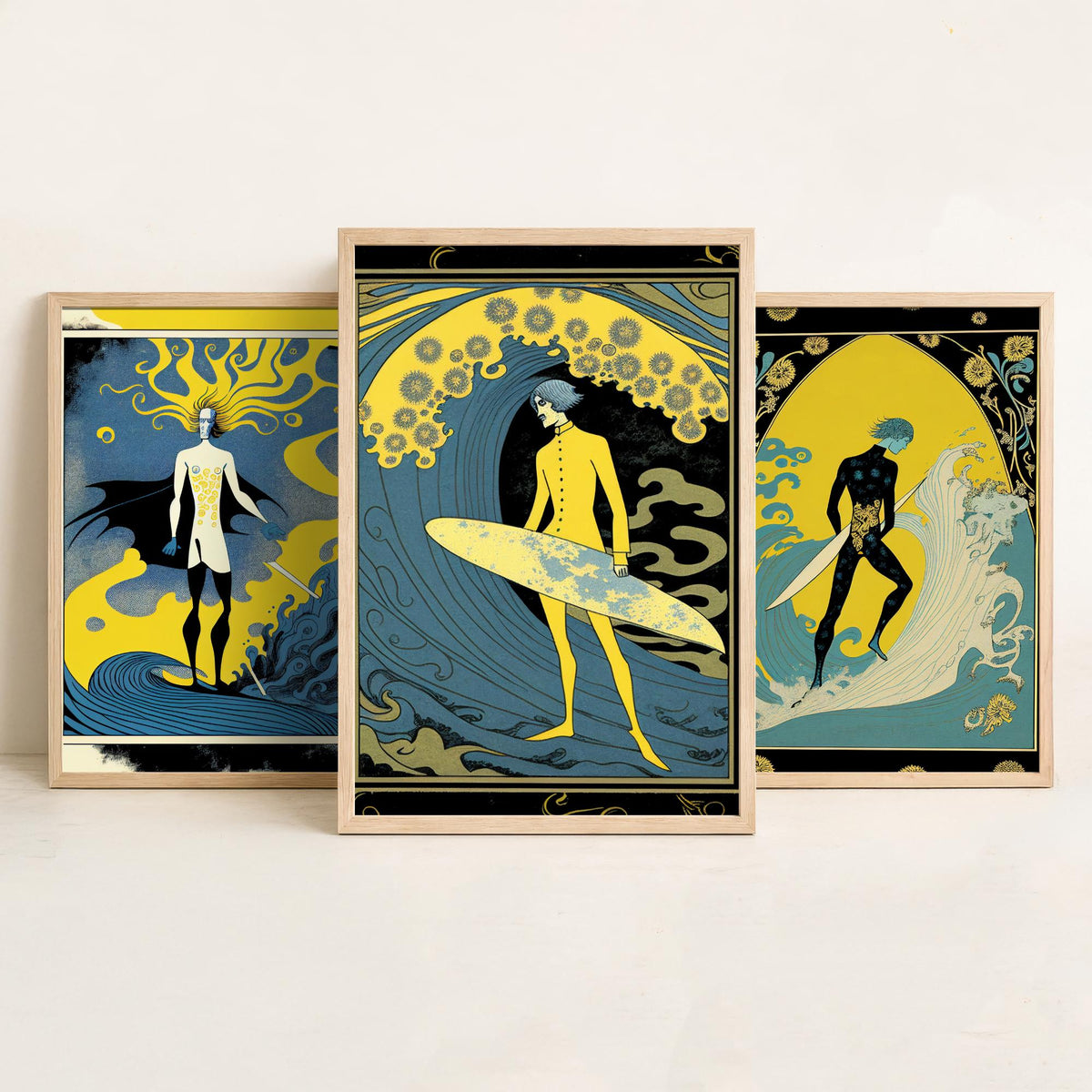 Art Nouveau Surfers Set of Three Art Prints - Yellow and Blue Surf Posters - Vintage Graphic Illustration Poster