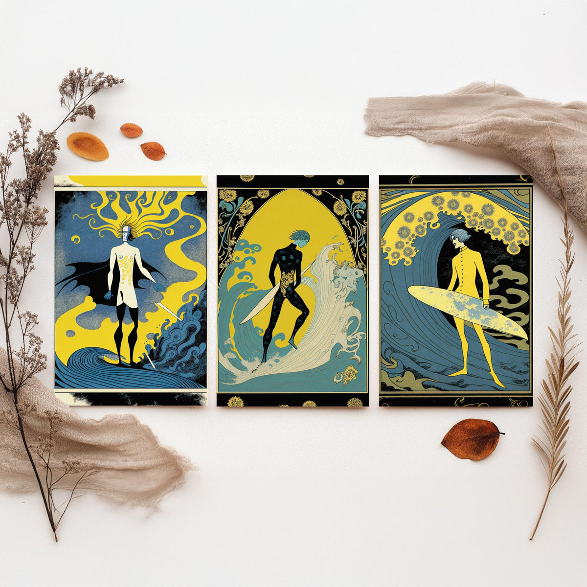 Art Nouveau Surfers Set of Three Art Prints - Yellow and Blue Surf Posters - Vintage Graphic Illustration Poster