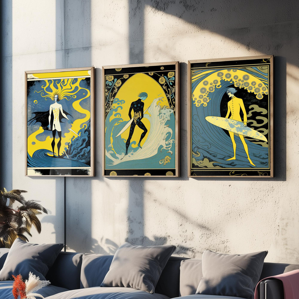 Art Nouveau Surfers Set of Three Art Prints - Yellow and Blue Surf Posters - Vintage Graphic Illustration Poster