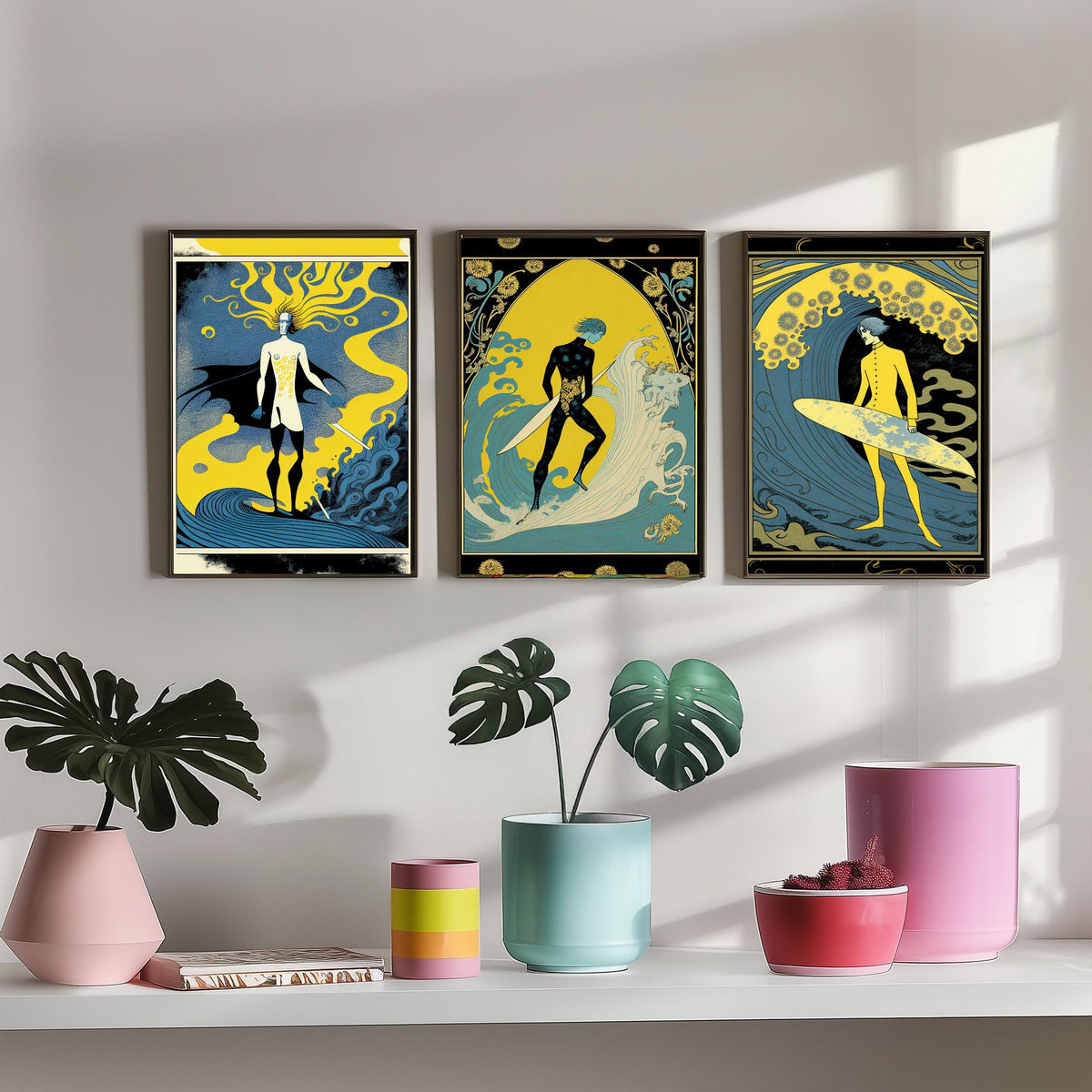 Art Nouveau Surfers Set of Three Art Prints - Yellow and Blue Surf Posters - Vintage Graphic Illustration Poster