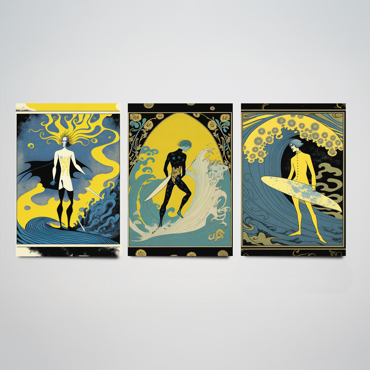 Art Nouveau Surfers Set of Three Art Prints - Yellow and Blue Surf Posters - Vintage Graphic Illustration Poster