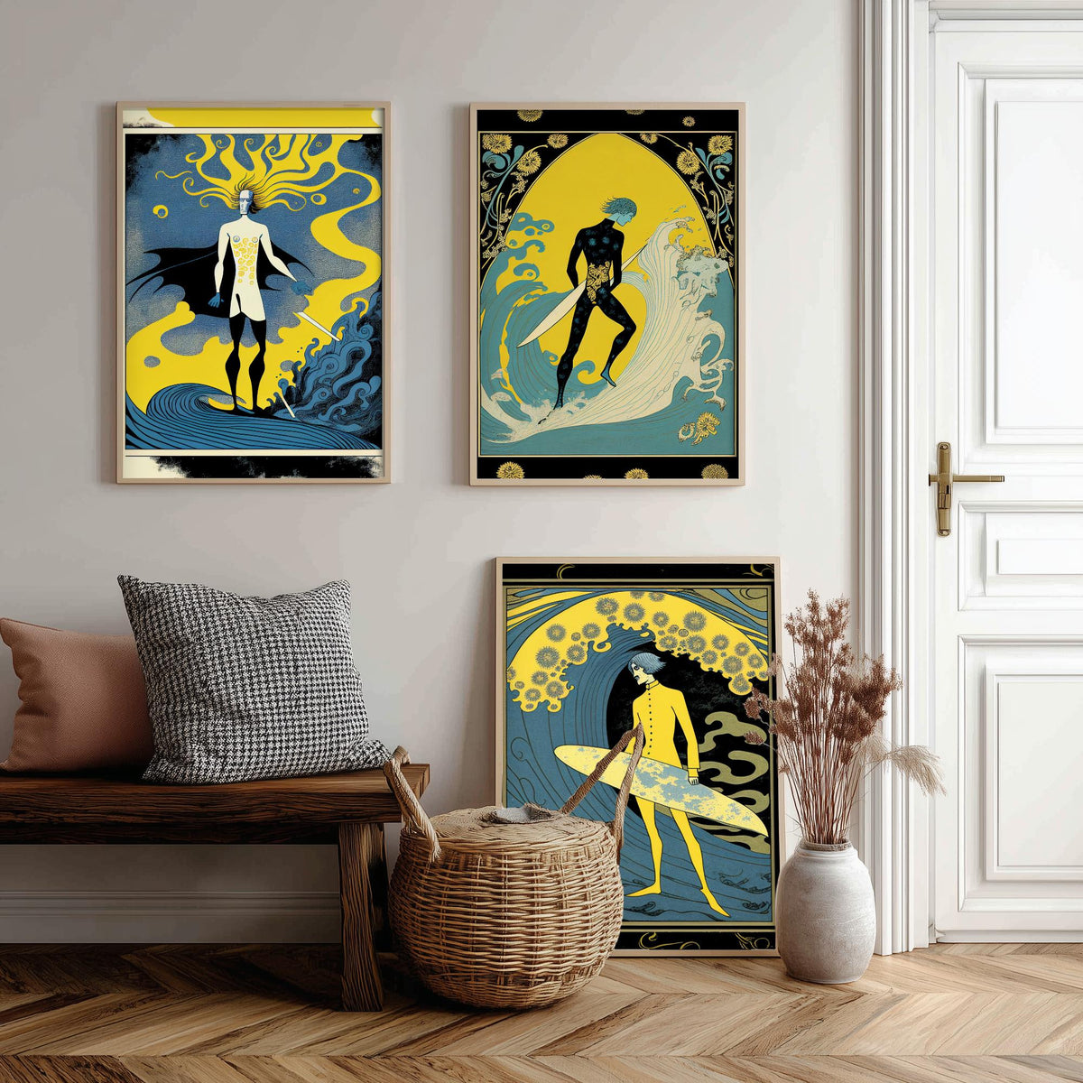 Art Nouveau Surfers Set of Three Art Prints - Yellow and Blue Surf Posters - Vintage Graphic Illustration Poster