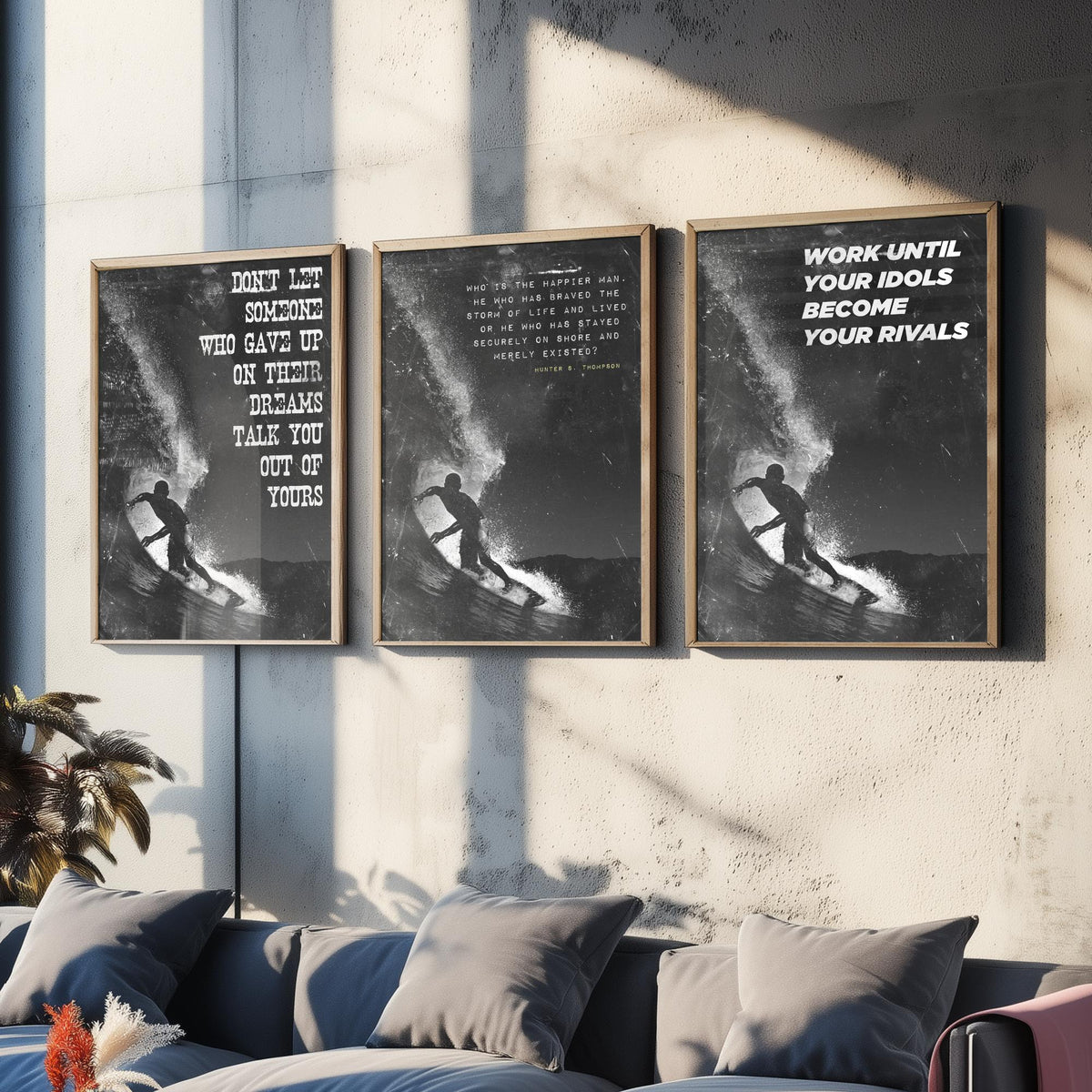 Surfing Motivation Set of Three Art Prints - Surfer Silhouette with Quotes - Grunge Black and White Illustration Poster