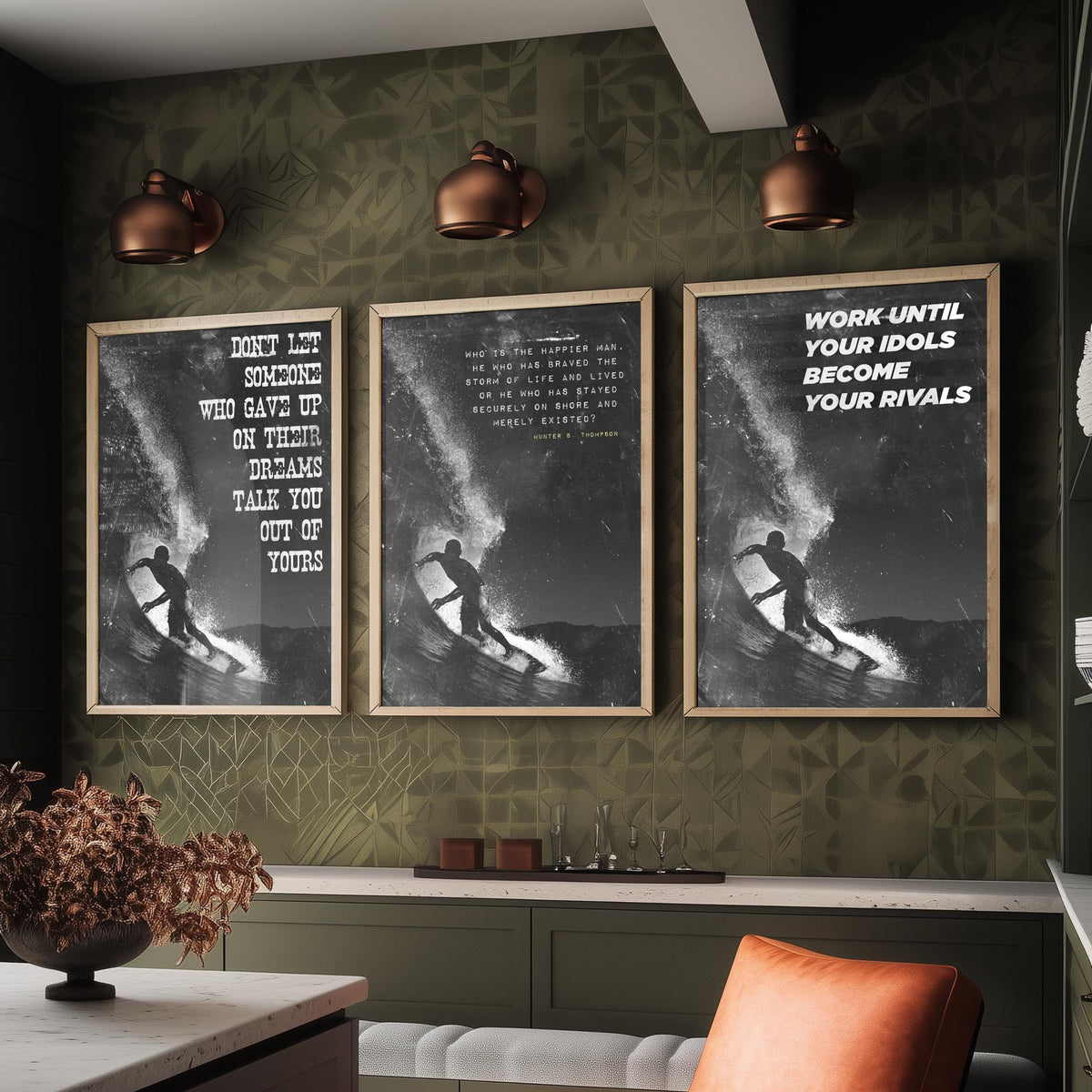 Surfing Motivation Set of Three Art Prints - Surfer Silhouette with Quotes - Grunge Black and White Illustration Poster
