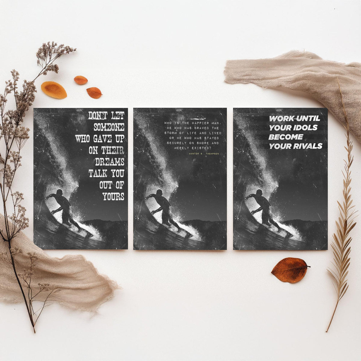 Surfing Motivation Set of Three Art Prints - Surfer Silhouette with Quotes - Grunge Black and White Illustration Poster