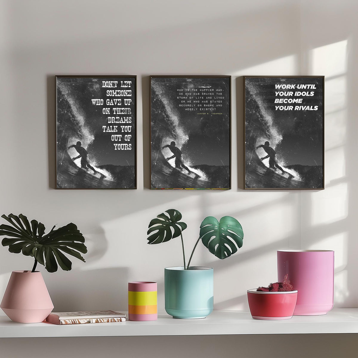 Surfing Motivation Set of Three Art Prints - Surfer Silhouette with Quotes - Grunge Black and White Illustration Poster