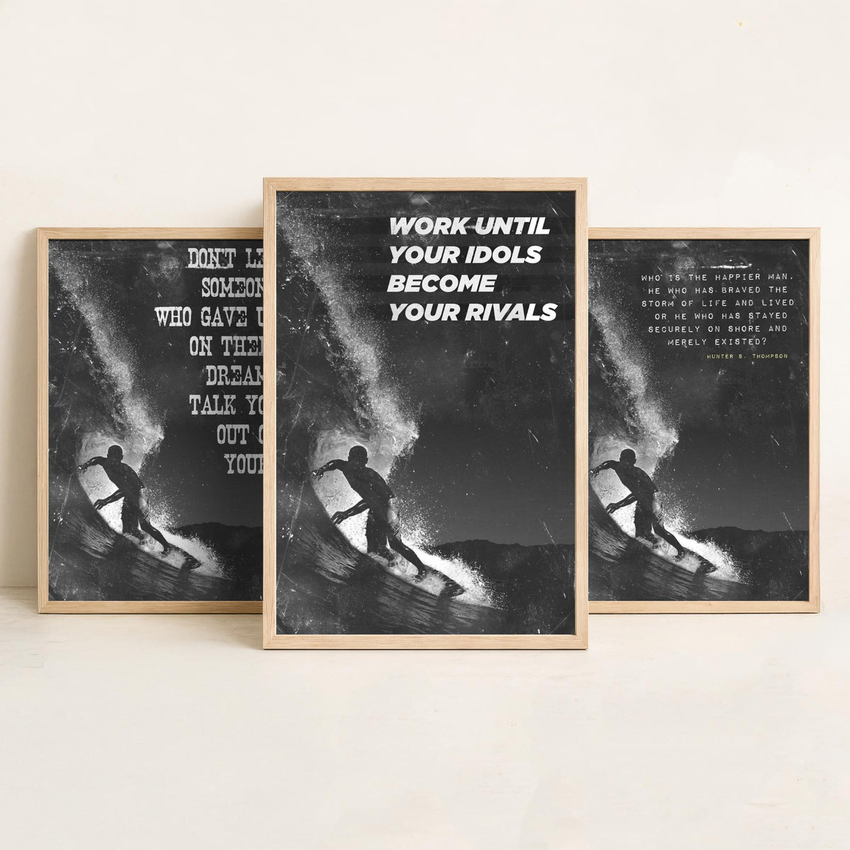Surfing Motivation Set of Three Art Prints - Surfer Silhouette with Quotes - Grunge Black and White Illustration Poster
