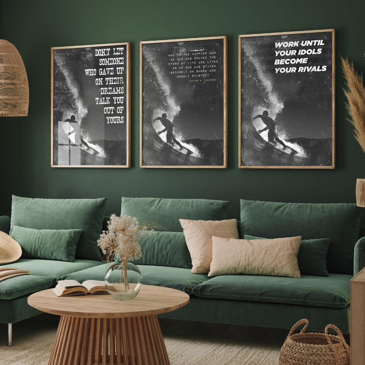 Surfing Motivation Set of Three Art Prints - Surfer Silhouette with Quotes - Grunge Black and White Illustration Poster