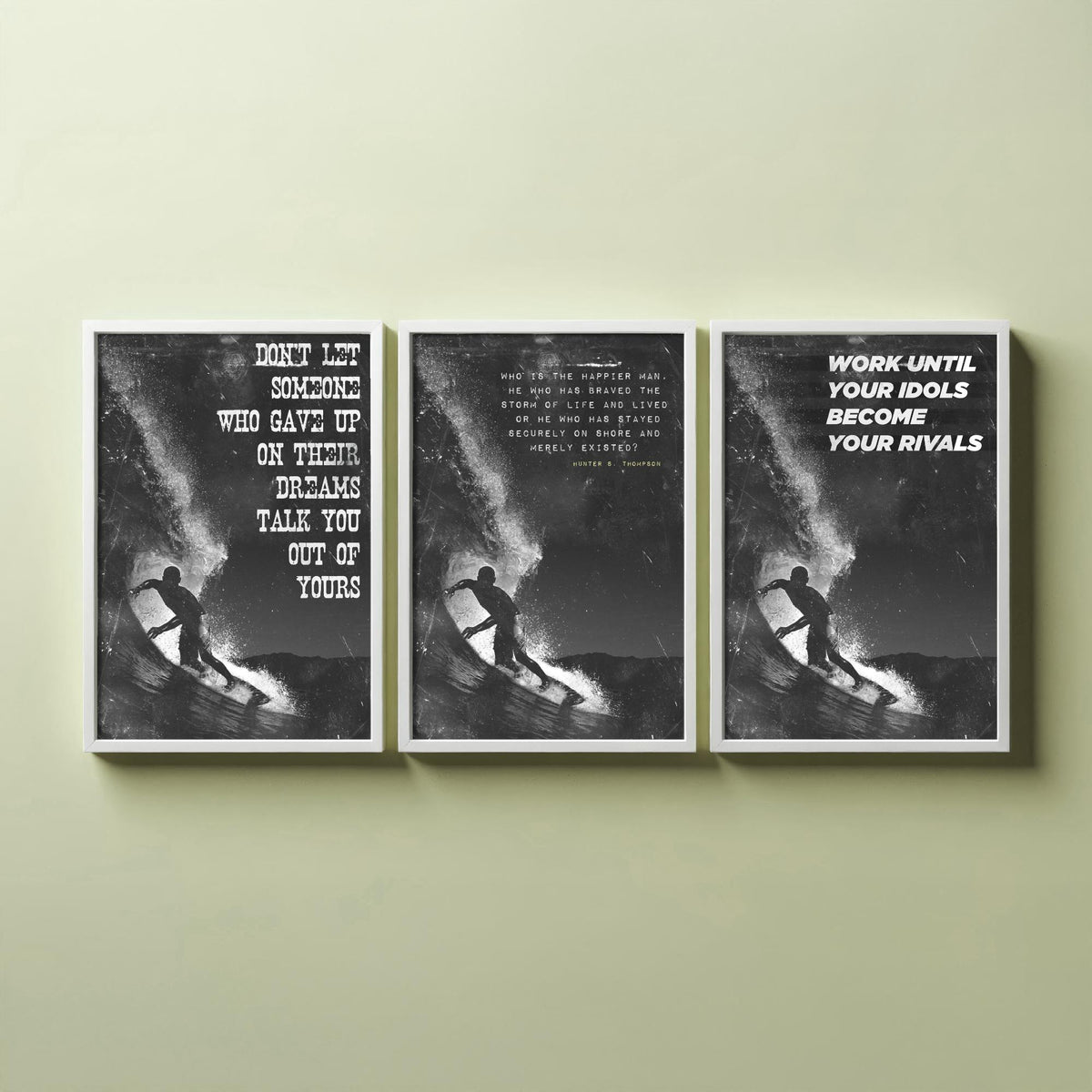 Surfing Motivation Set of Three Art Prints - Surfer Silhouette with Quotes - Grunge Black and White Illustration Poster