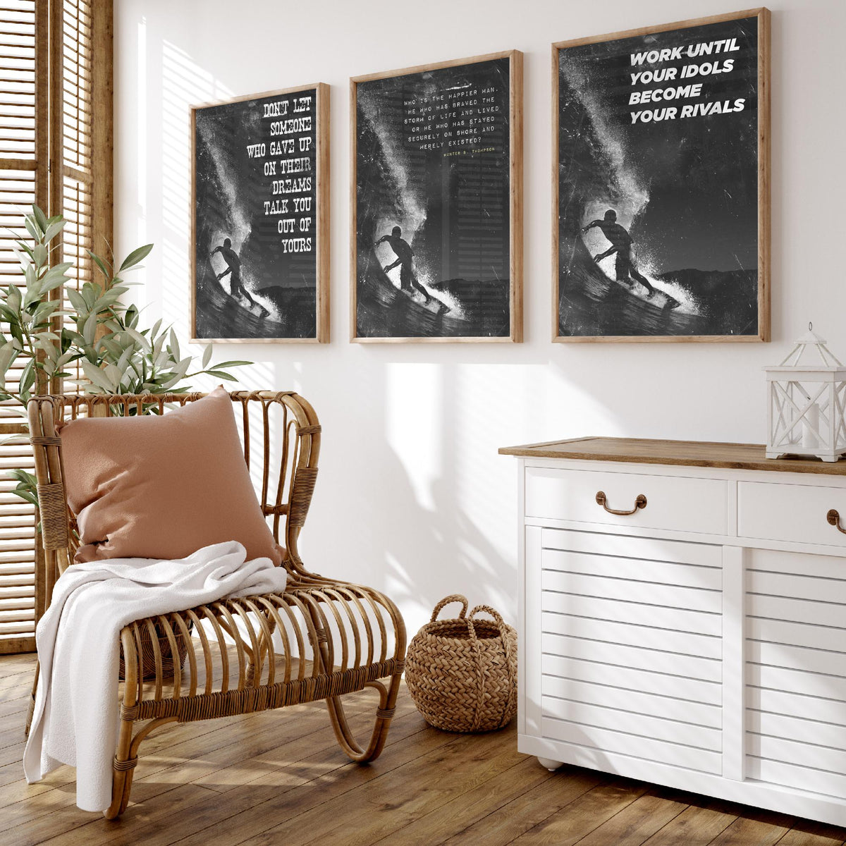 Surfing Motivation Set of Three Art Prints - Surfer Silhouette with Quotes - Grunge Black and White Illustration Poster