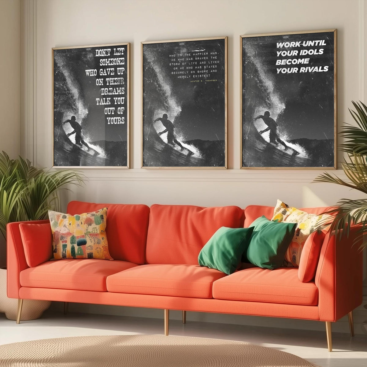Surfing Motivation Set of Three Art Prints - Surfer Silhouette with Quotes - Grunge Black and White Illustration Poster