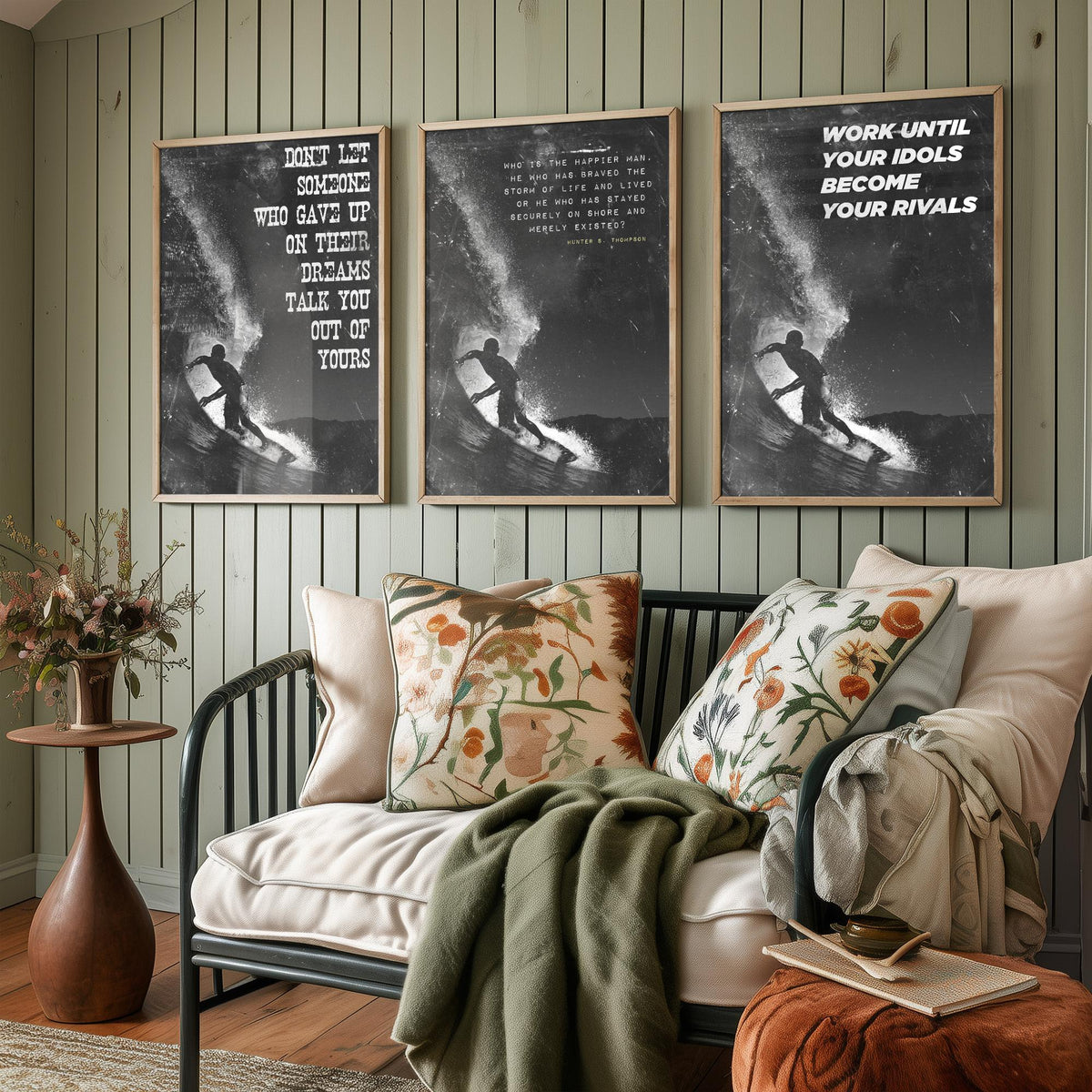 Surfing Motivation Set of Three Art Prints - Surfer Silhouette with Quotes - Grunge Black and White Illustration Poster