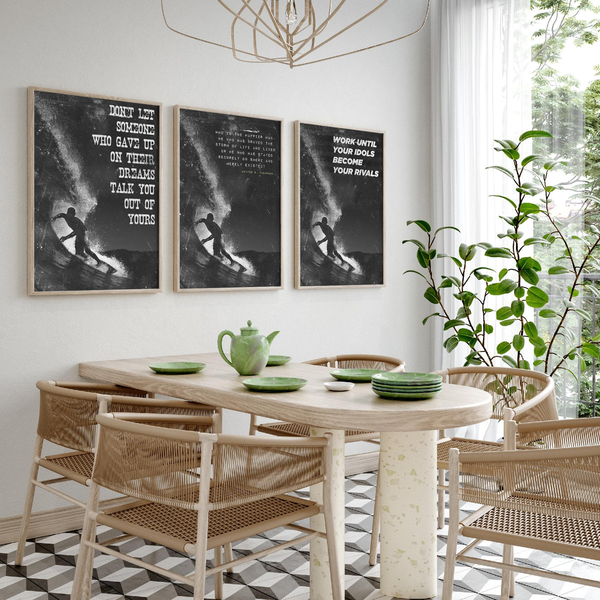 Surfing Motivation Set of Three Art Prints - Surfer Silhouette with Quotes - Grunge Black and White Illustration Poster