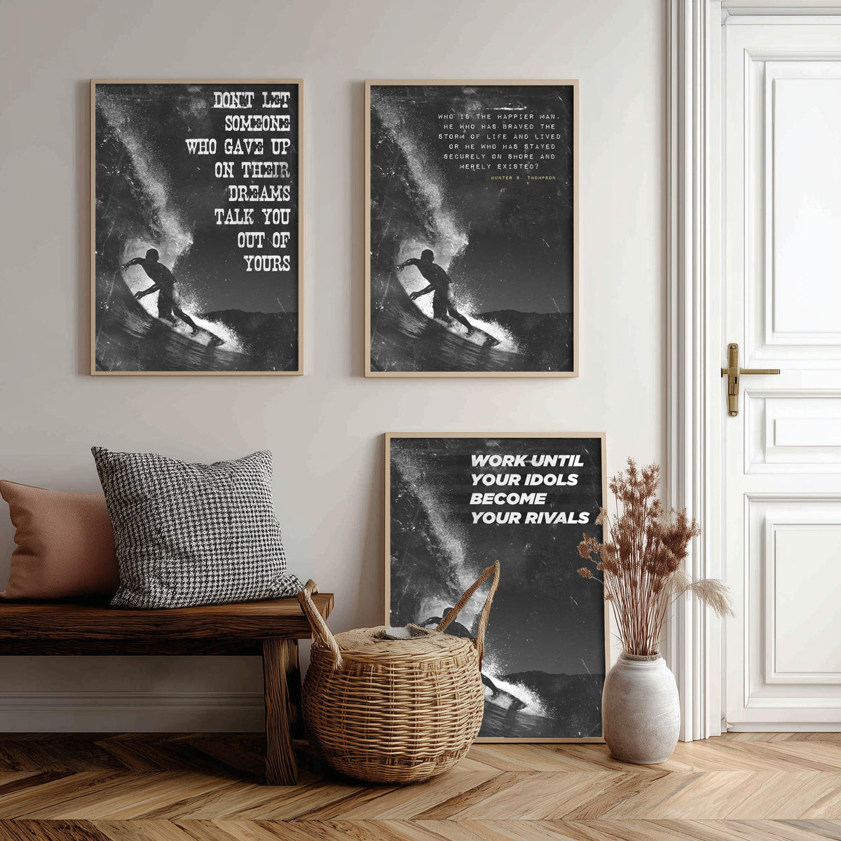 Surfing Motivation Set of Three Art Prints - Surfer Silhouette with Quotes - Grunge Black and White Illustration Poster