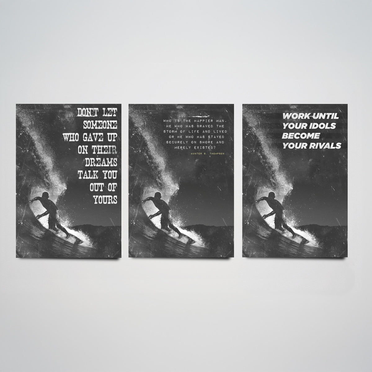 Surfing Motivation Set of Three Art Prints - Surfer Silhouette with Quotes - Grunge Black and White Illustration Poster
