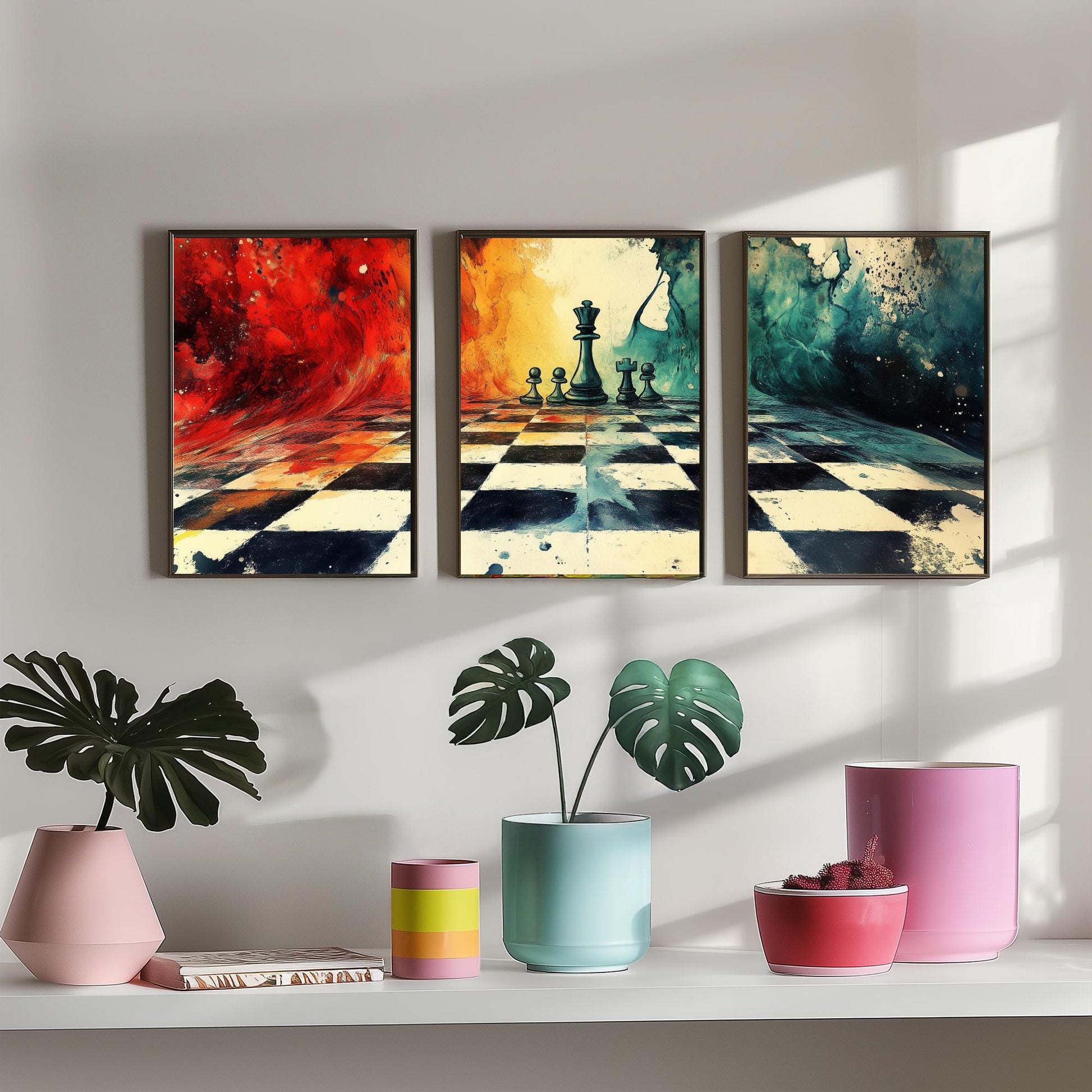 Surreal Chess Set of Three Art Prints - Melting Chessboard Fantasy Posters - Colourful Watercolour Painting Game Gift