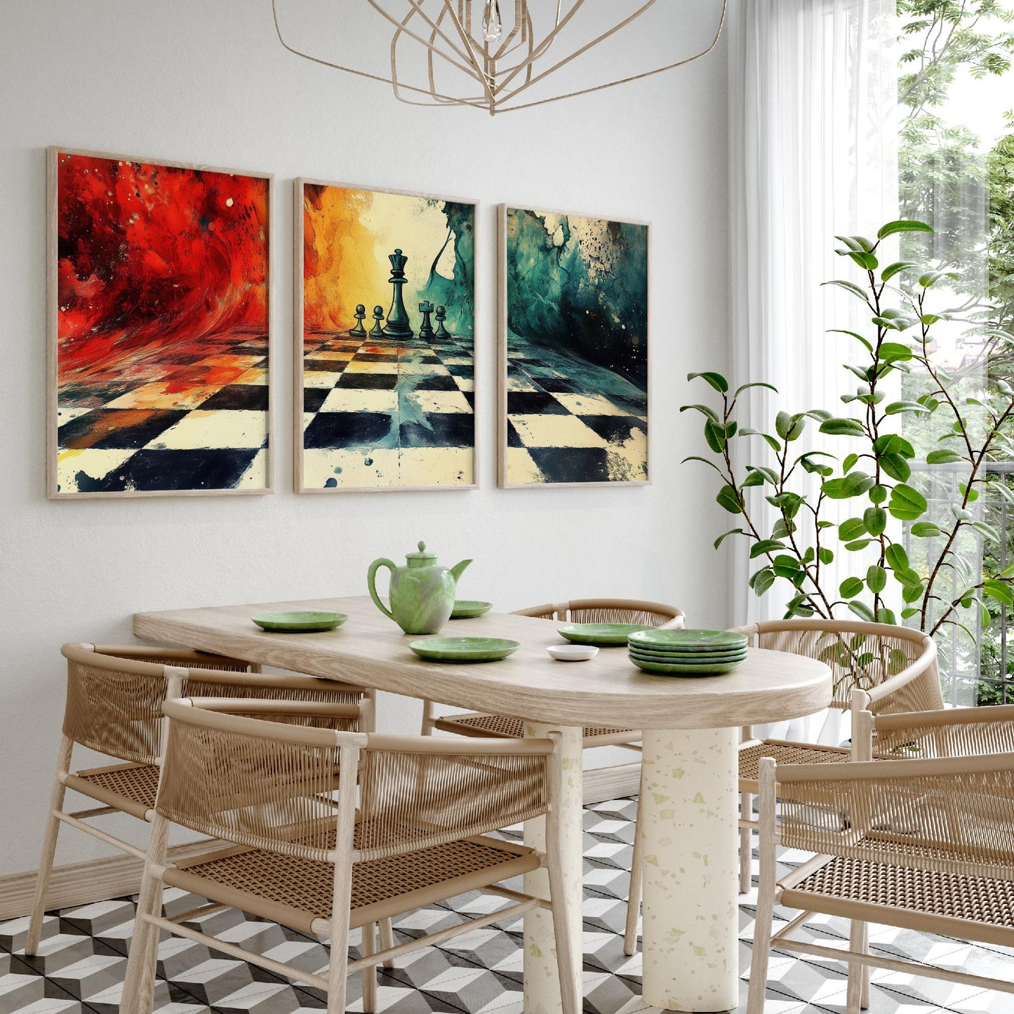 Surreal Chess Set of Three Art Prints - Melting Chessboard Fantasy Posters - Colourful Watercolour Painting Game Gift