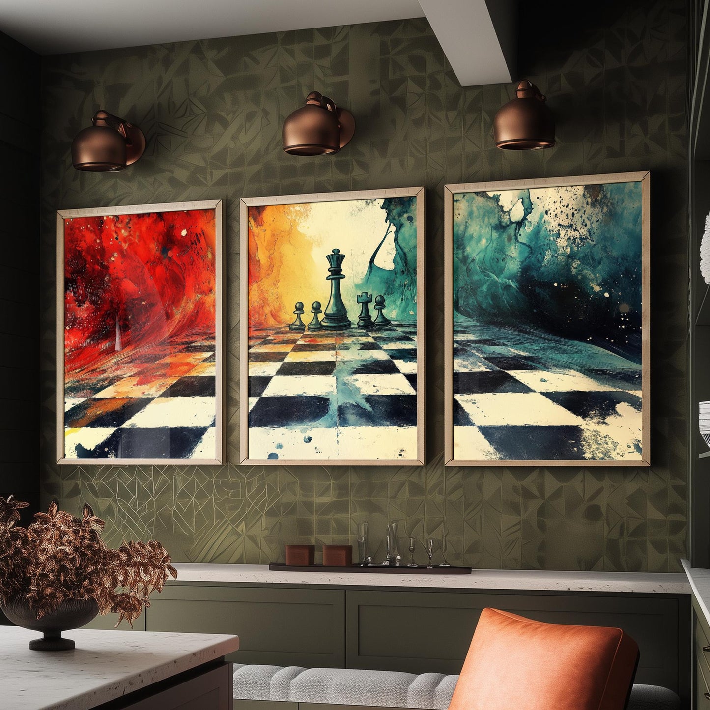 Surreal Chess Set of Three Art Prints - Melting Chessboard Fantasy Posters - Colourful Watercolour Painting Game Gift