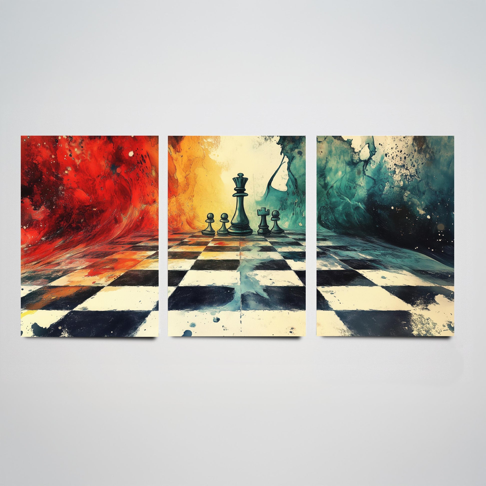 Surreal Chess Set of Three Art Prints - Melting Chessboard Fantasy Posters - Colourful Watercolour Painting Game Gift