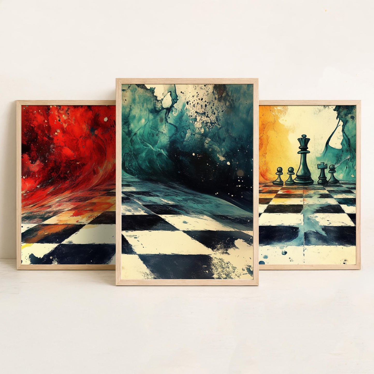 Surreal Chess Set of Three Art Prints - Melting Chessboard Fantasy Posters - Colourful Watercolour Painting Game Gift
