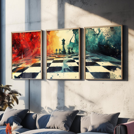 Surreal Chess Set of Three Art Prints - Melting Chessboard Fantasy Posters - Colourful Watercolour Painting Game Gift