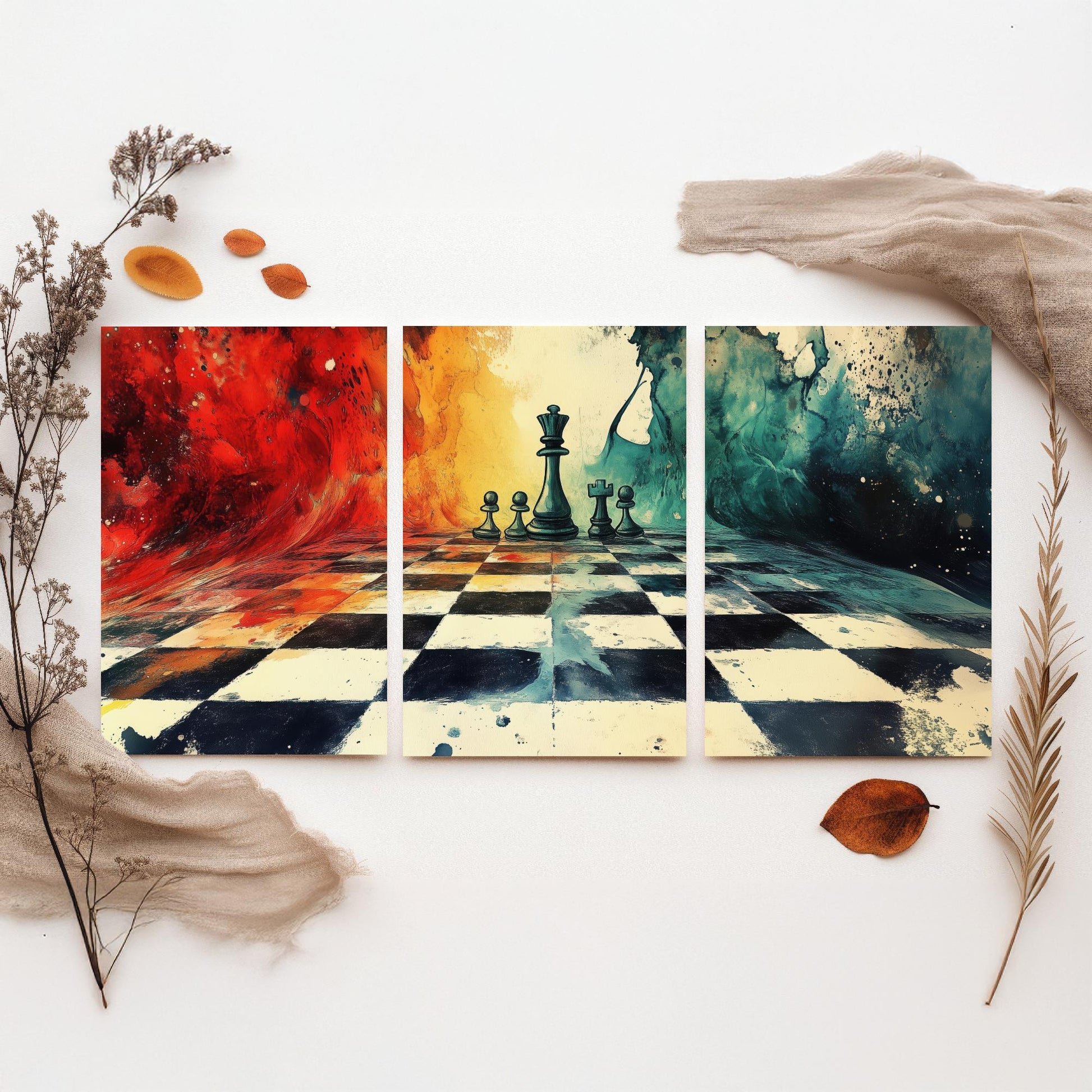 Surreal Chess Set of Three Art Prints - Melting Chessboard Fantasy Posters - Colourful Watercolour Painting Game Gift
