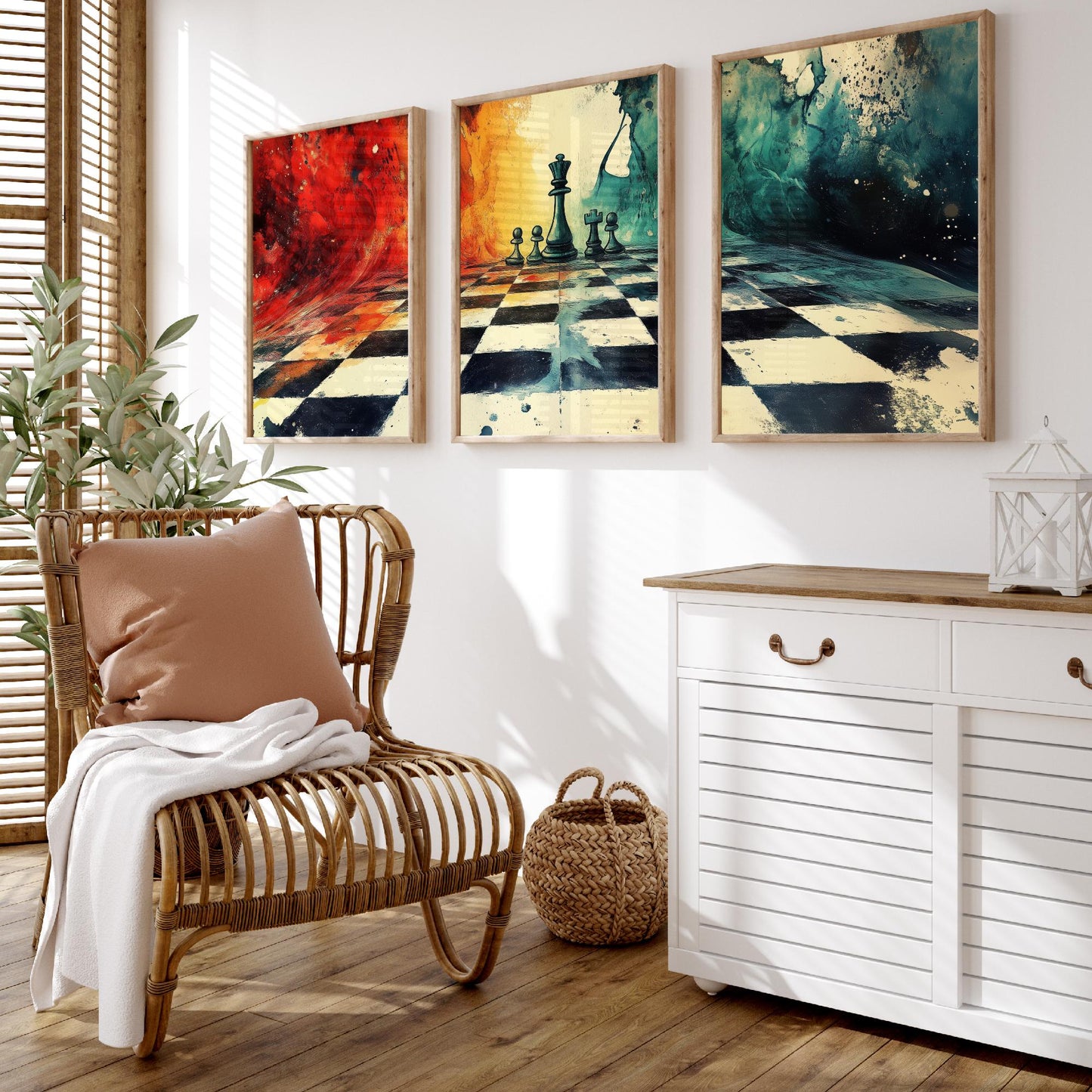 Surreal Chess Set of Three Art Prints - Melting Chessboard Fantasy Posters - Colourful Watercolour Painting Game Gift