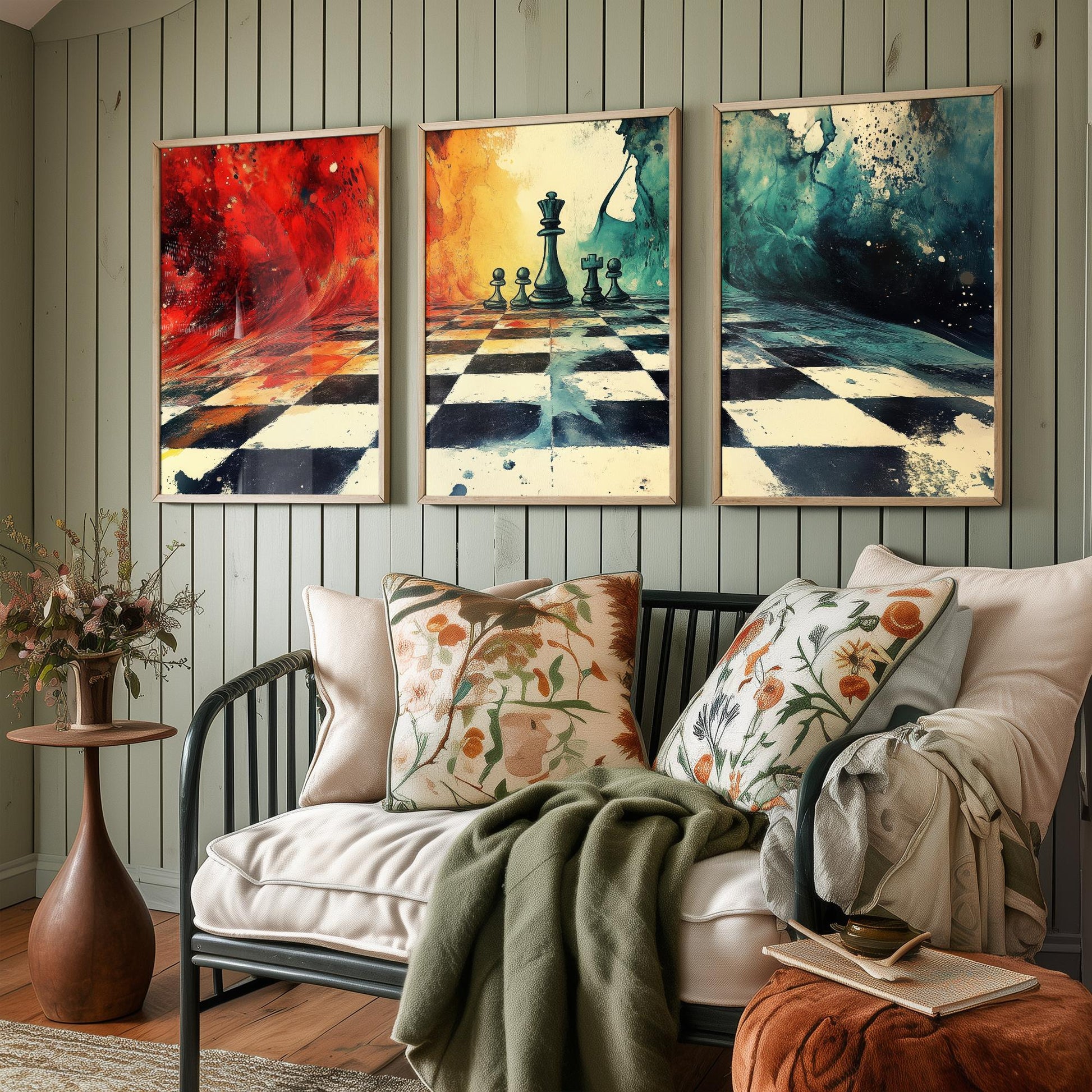 Surreal Chess Set of Three Art Prints - Melting Chessboard Fantasy Posters - Colourful Watercolour Painting Game Gift