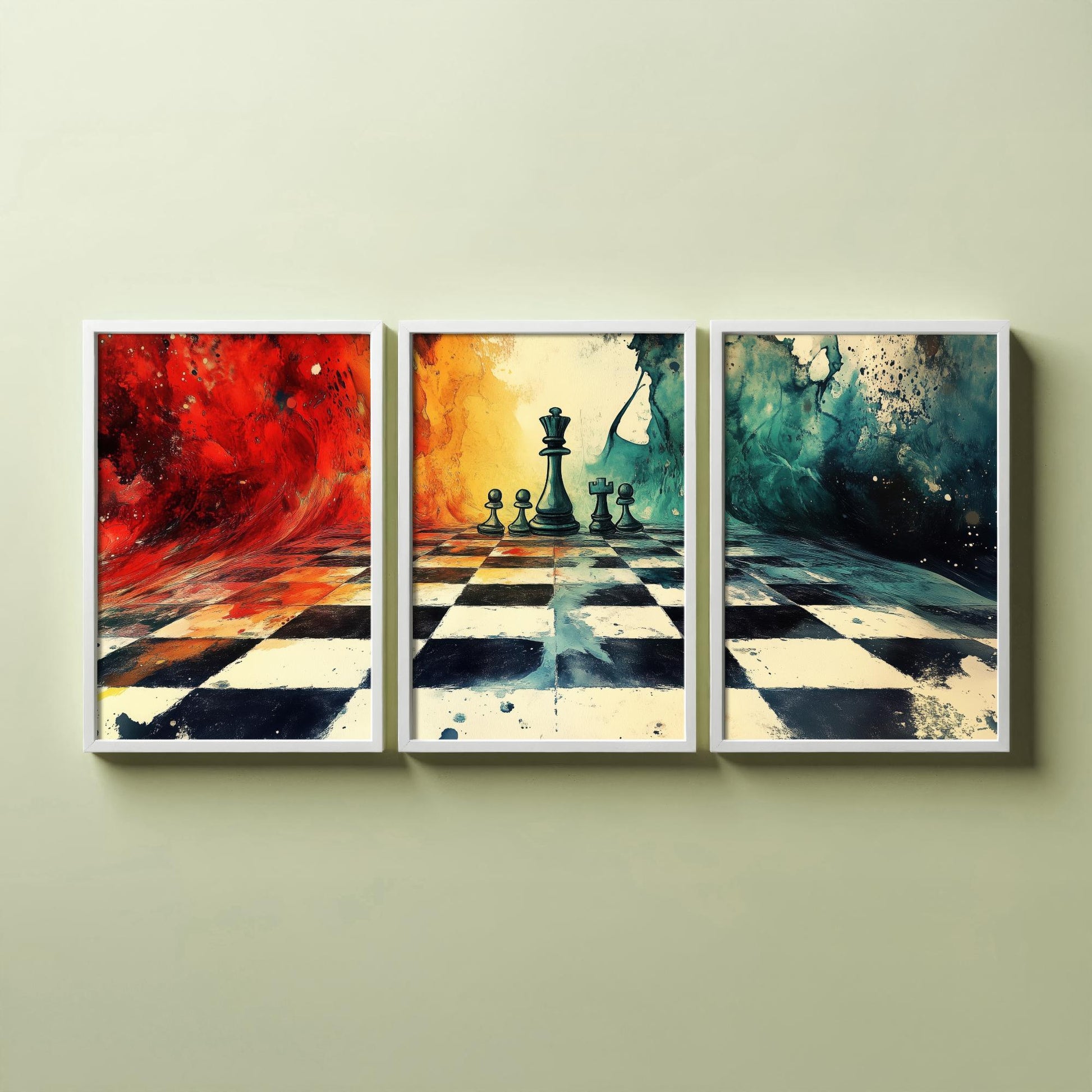Surreal Chess Set of Three Art Prints - Melting Chessboard Fantasy Posters - Colourful Watercolour Painting Game Gift