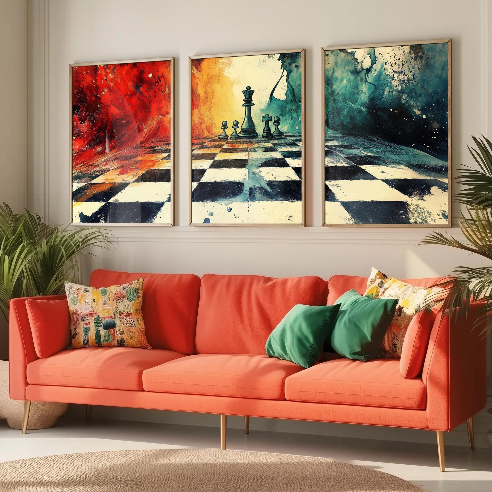 Surreal Chess Set of Three Art Prints - Melting Chessboard Fantasy Posters - Colourful Watercolour Painting Game Gift