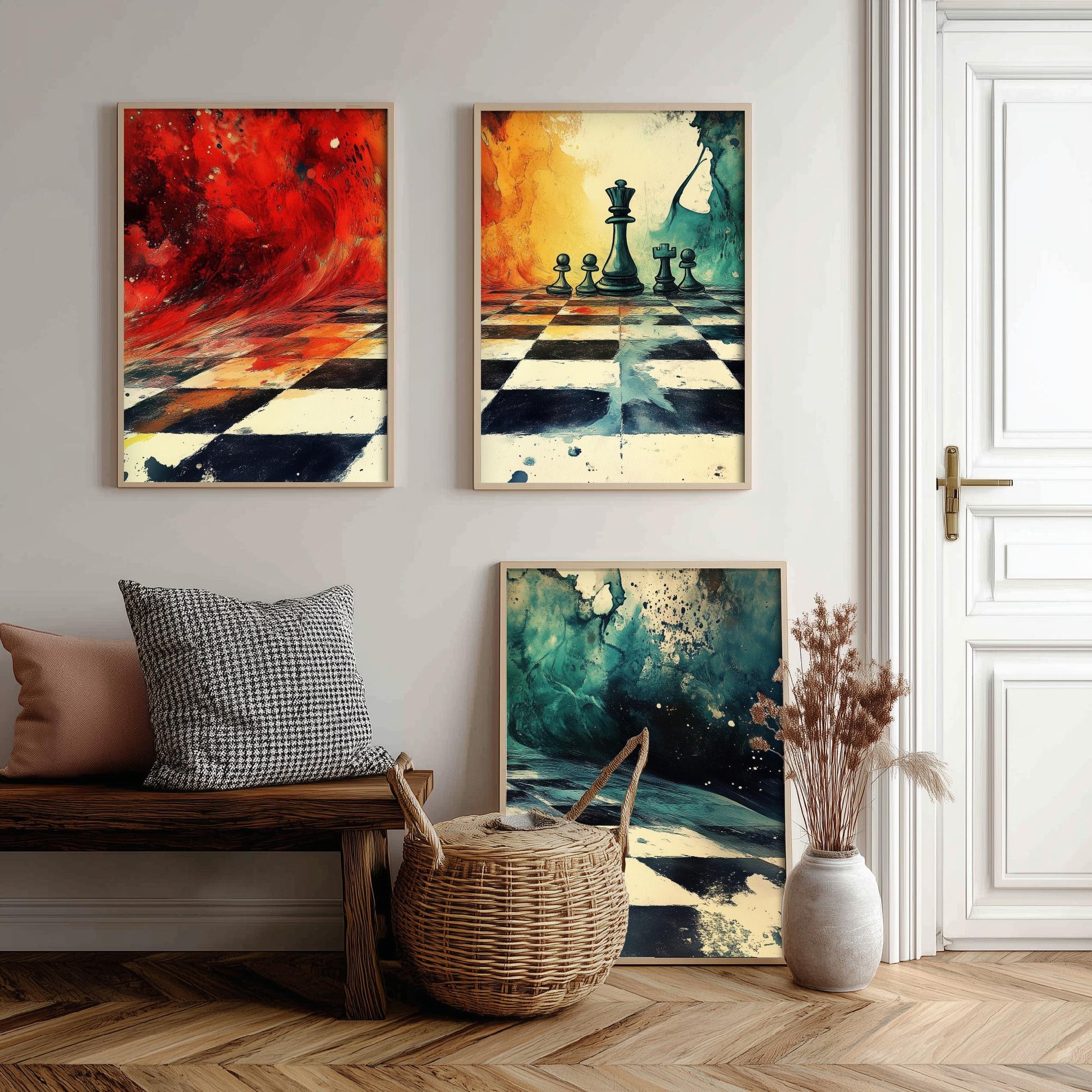 Surreal Chess Set of Three Art Prints - Melting Chessboard Fantasy Posters - Colourful Watercolour Painting Game Gift