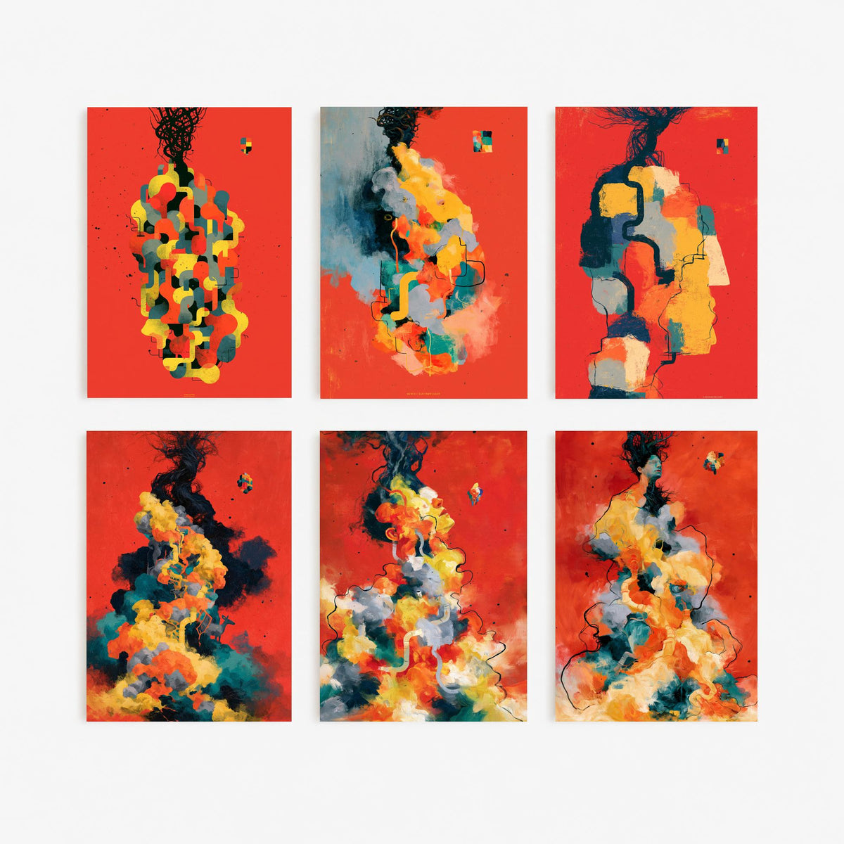 Set of Six Surrealist Metamorphosis Art Prints - 6 Bold Red Tangled Figure Painting Posters - Abstract Portrait Gallery Wall