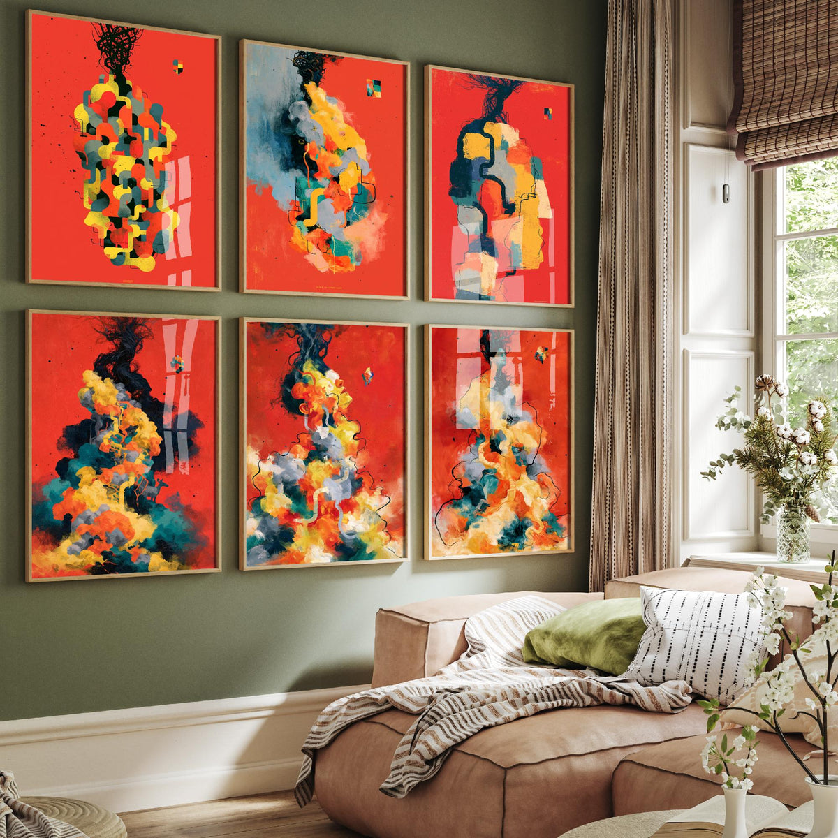 Set of Six Surrealist Metamorphosis Art Prints - 6 Bold Red Tangled Figure Painting Posters - Abstract Portrait Gallery Wall