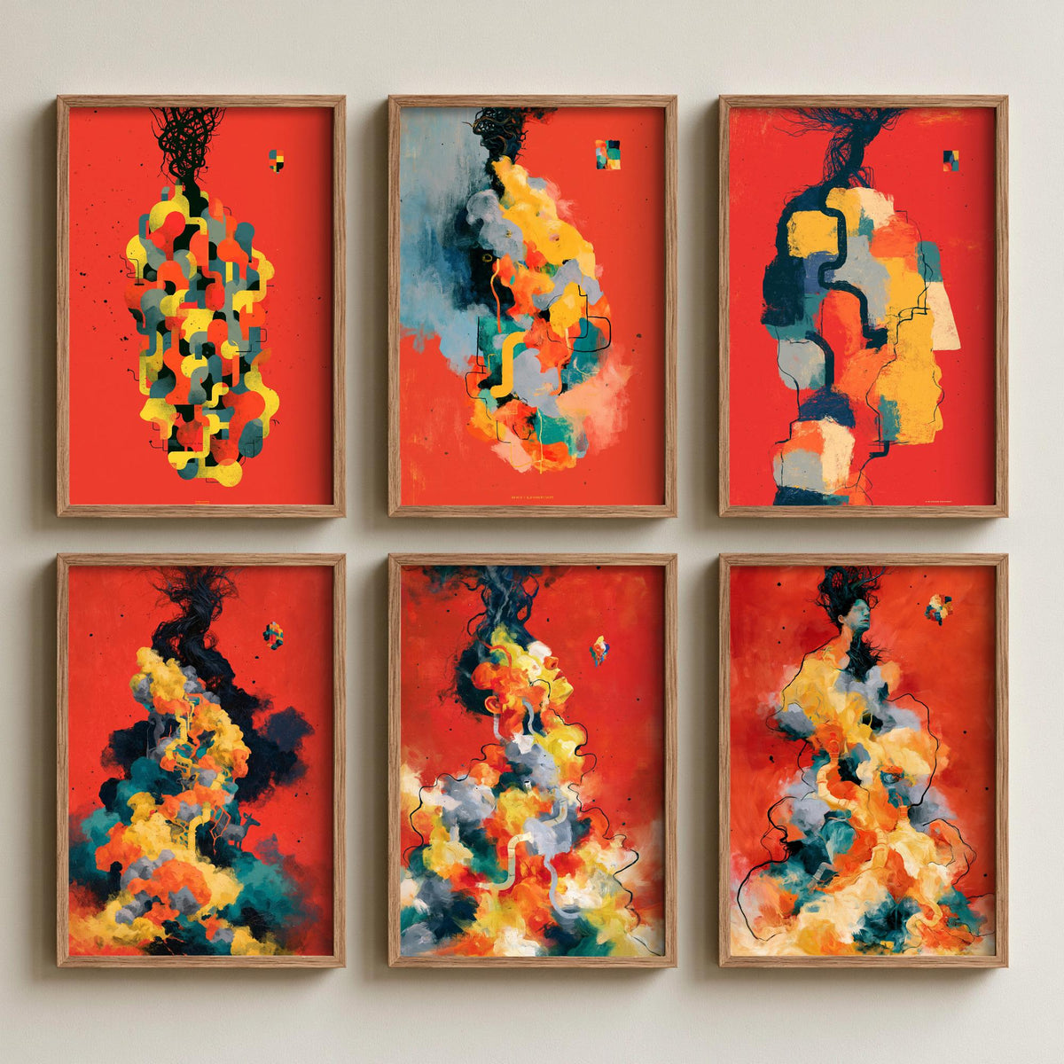Set of Six Surrealist Metamorphosis Art Prints - 6 Bold Red Tangled Figure Painting Posters - Abstract Portrait Gallery Wall