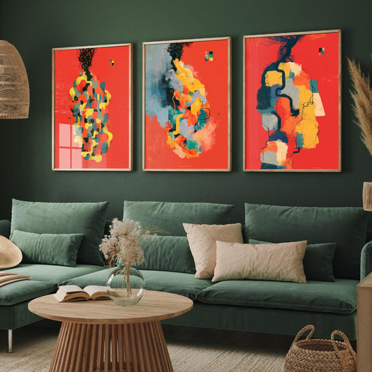 Surrealist Metamorphosis Set of Three Art Prints - Tangled Figures on Red - Bold Abstract Painting Posters
