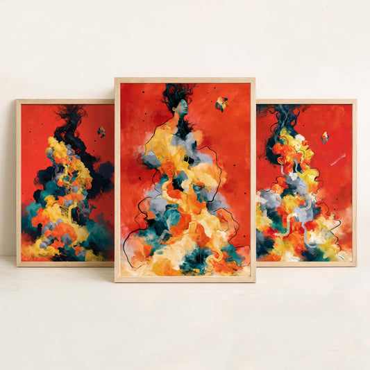 Tangled Metamorphosis Set of Three Art Prints - Surreal Figures Dissolving into Cloud - Expressive Abstract Painting Posters