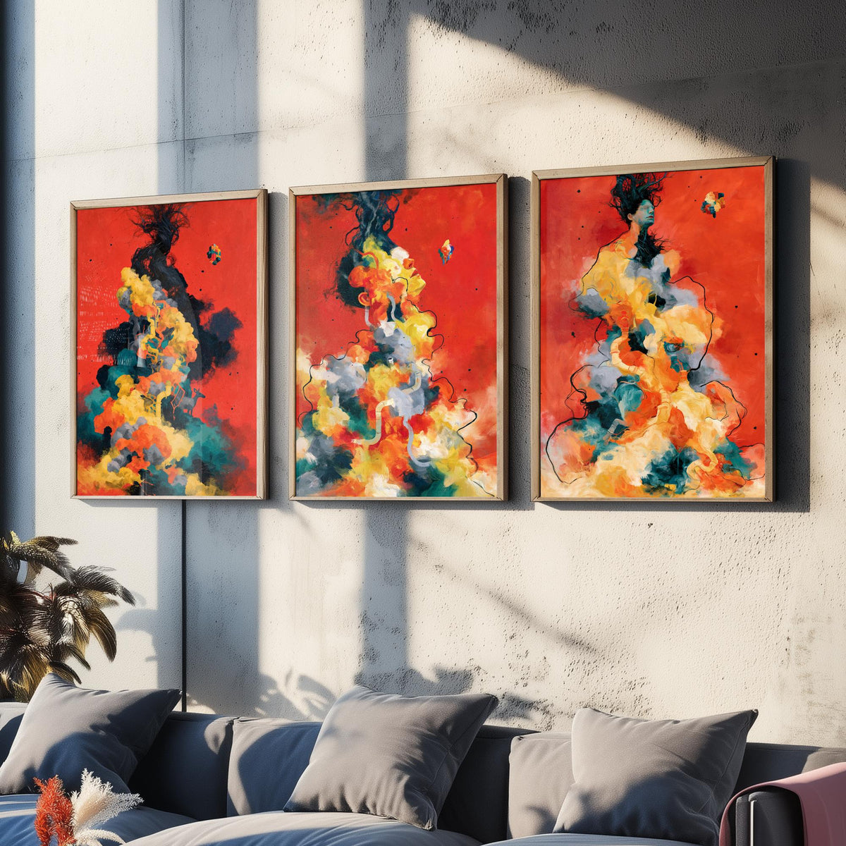 Tangled Metamorphosis Set of Three Art Prints - Surreal Figures Dissolving into Cloud - Expressive Abstract Painting Posters