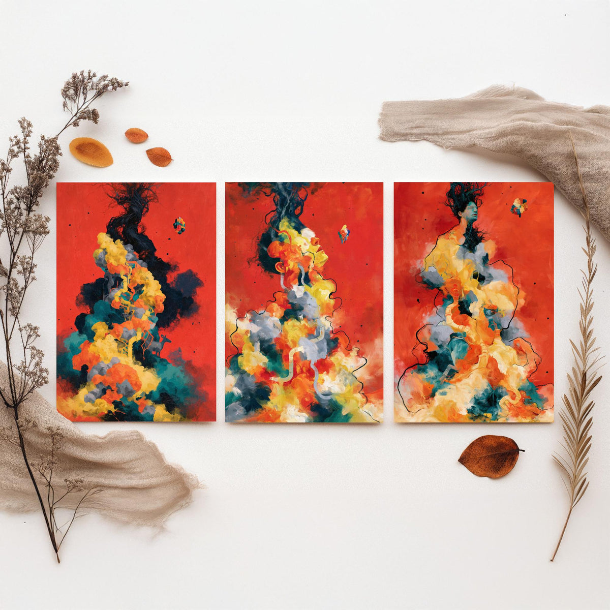 Tangled Metamorphosis Set of Three Art Prints - Surreal Figures Dissolving into Cloud - Expressive Abstract Painting Posters