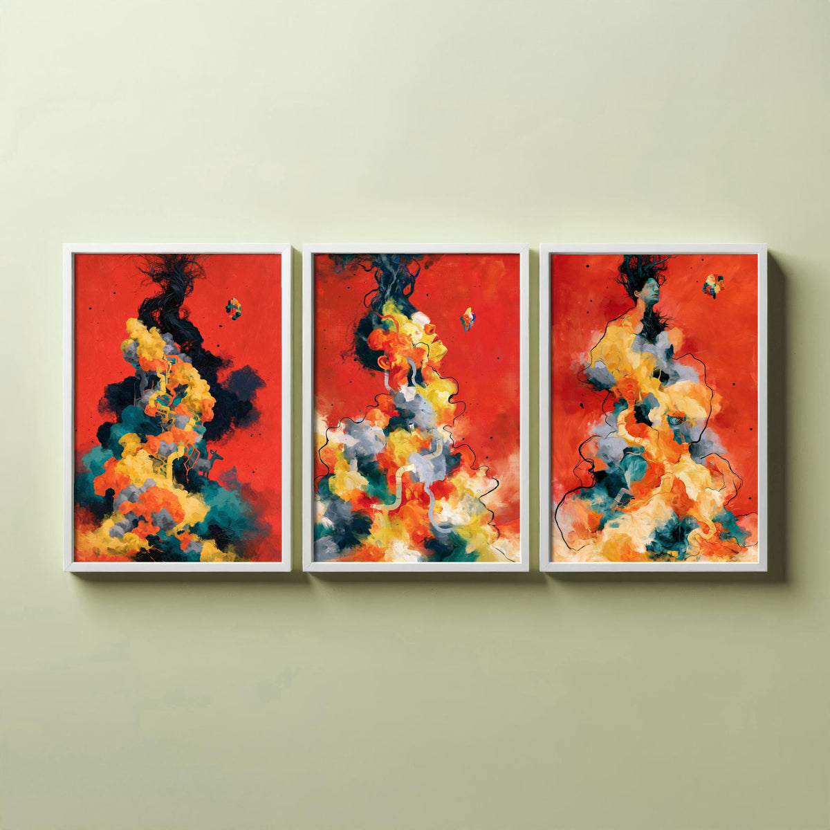Tangled Metamorphosis Set of Three Art Prints - Surreal Figures Dissolving into Cloud - Expressive Abstract Painting Posters