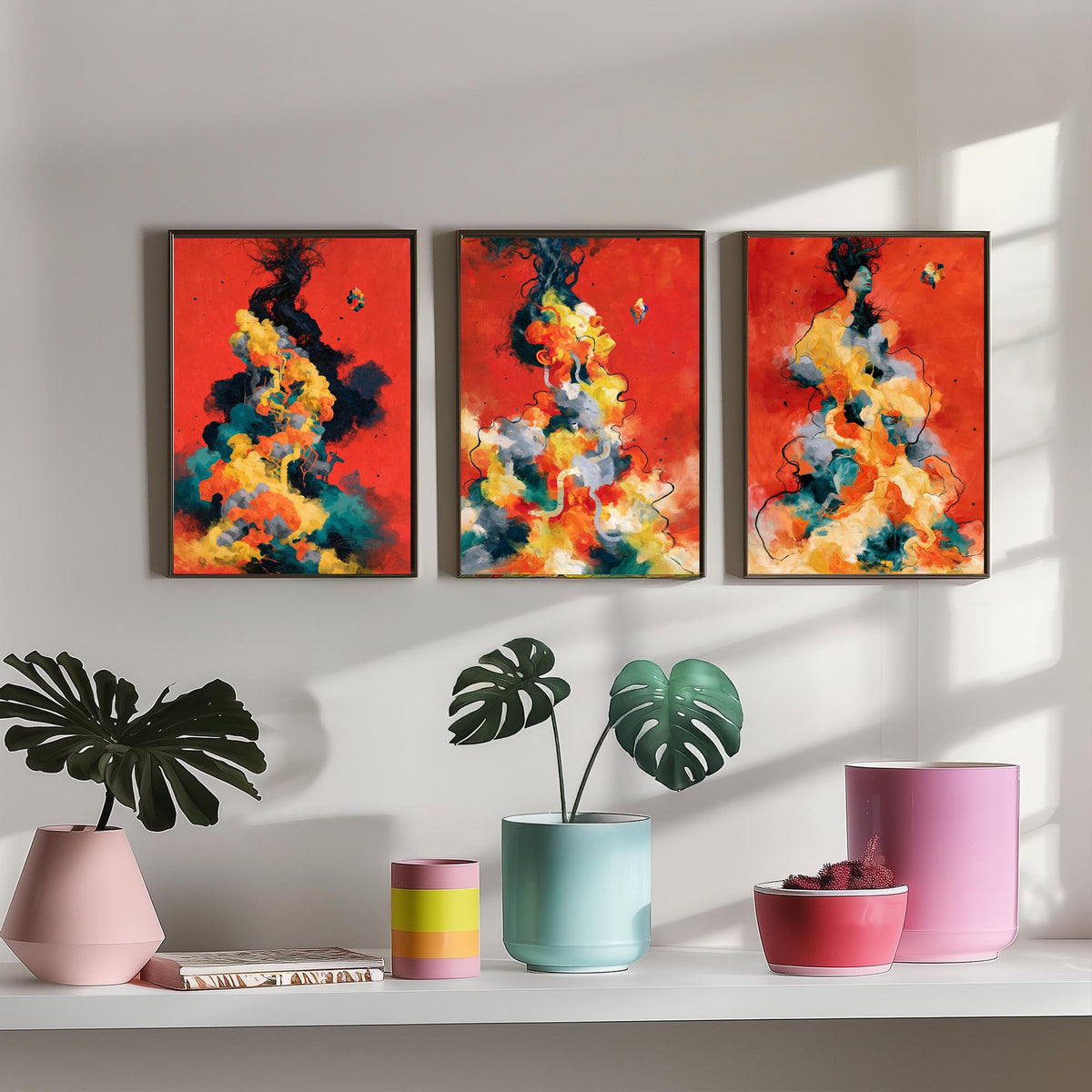 Tangled Metamorphosis Set of Three Art Prints - Surreal Figures Dissolving into Cloud - Expressive Abstract Painting Posters