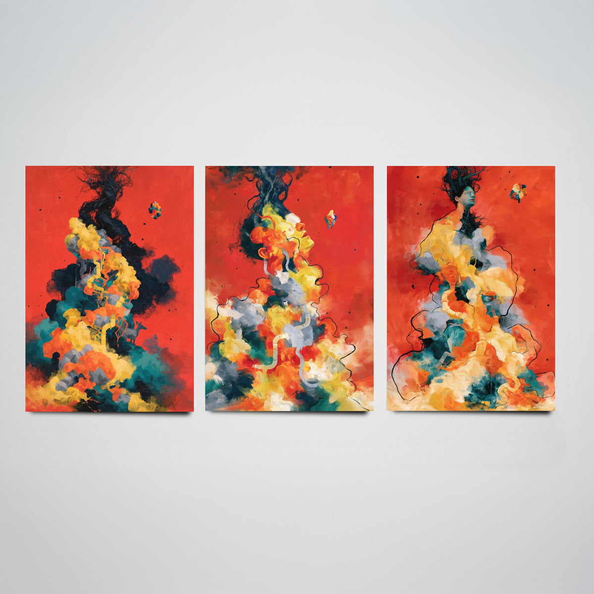 Tangled Metamorphosis Set of Three Art Prints - Surreal Figures Dissolving into Cloud - Expressive Abstract Painting Posters
