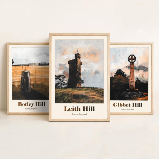 Surrey England Set of Three Art Prints - Botley Hill, Gibbet Hill, Leith Hill - 3 Hills Poster Landscape Painting Gift Map