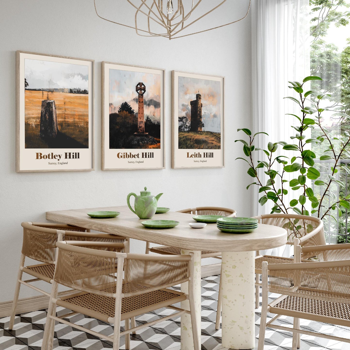Surrey England Set of Three Art Prints - Botley Hill, Gibbet Hill, Leith Hill - 3 Hills Poster Landscape Painting Gift Map