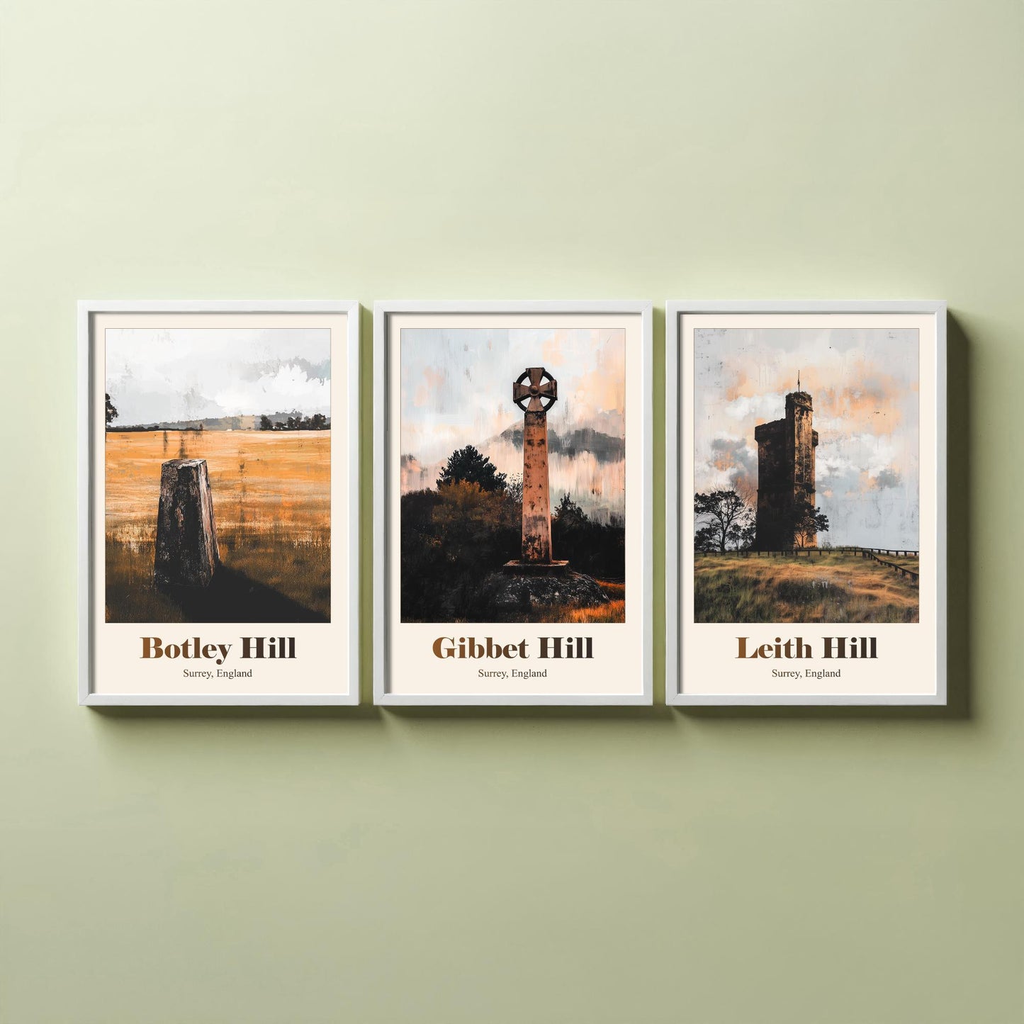 Surrey England Set of Three Art Prints - Botley Hill, Gibbet Hill, Leith Hill - 3 Hills Poster Landscape Painting Gift Map