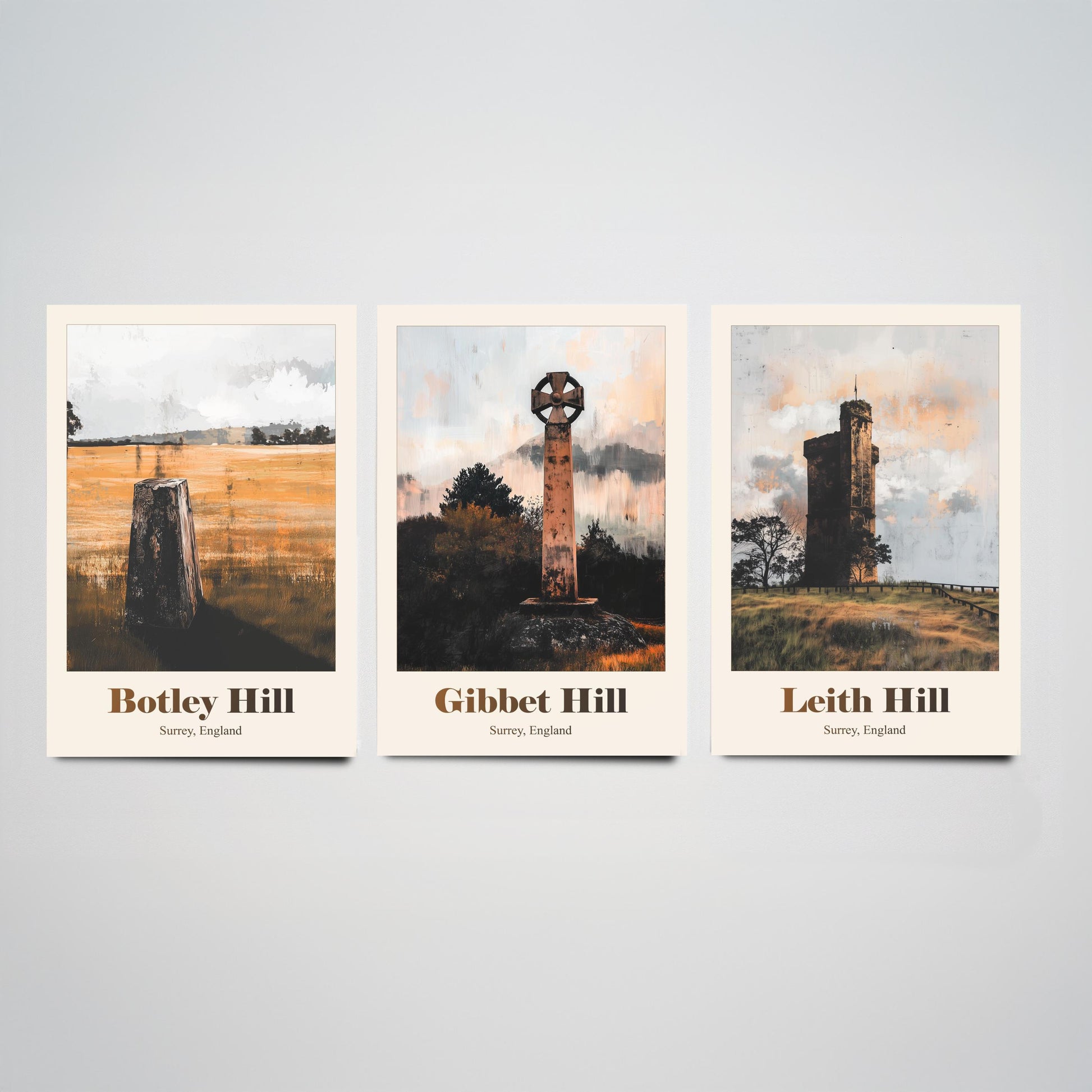 Surrey England Set of Three Art Prints - Botley Hill, Gibbet Hill, Leith Hill - 3 Hills Poster Landscape Painting Gift Map