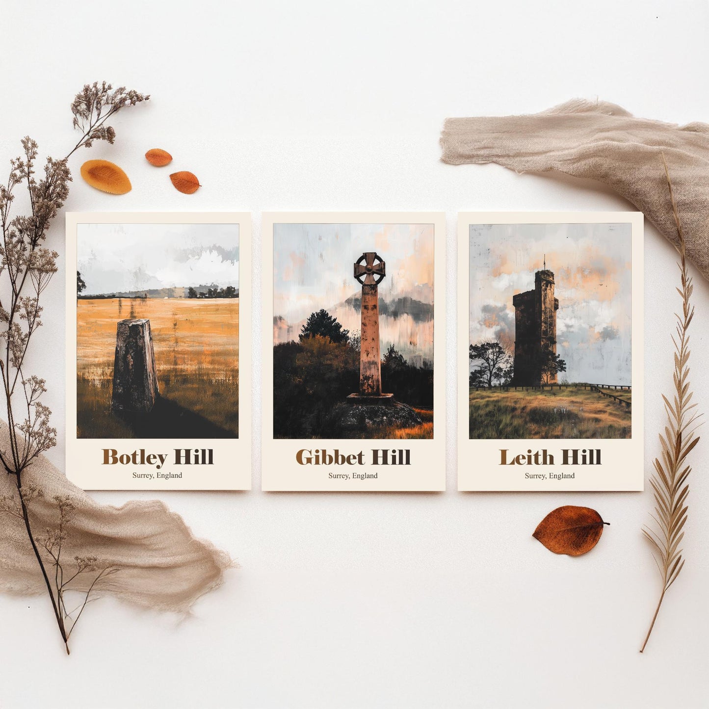 Surrey England Set of Three Art Prints - Botley Hill, Gibbet Hill, Leith Hill - 3 Hills Poster Landscape Painting Gift Map