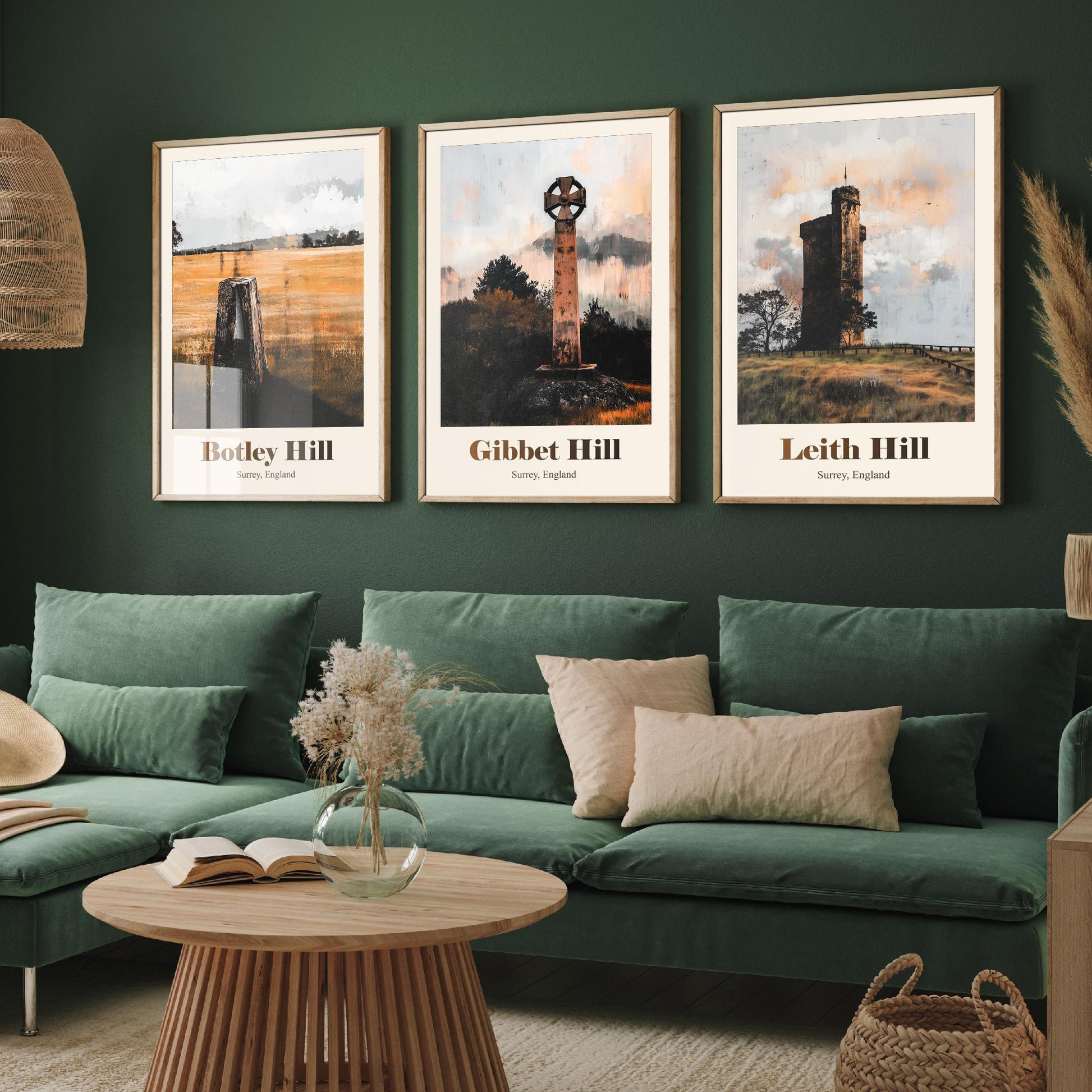Surrey England Set of Three Art Prints - Botley Hill, Gibbet Hill, Leith Hill - 3 Hills Poster Landscape Painting Gift Map