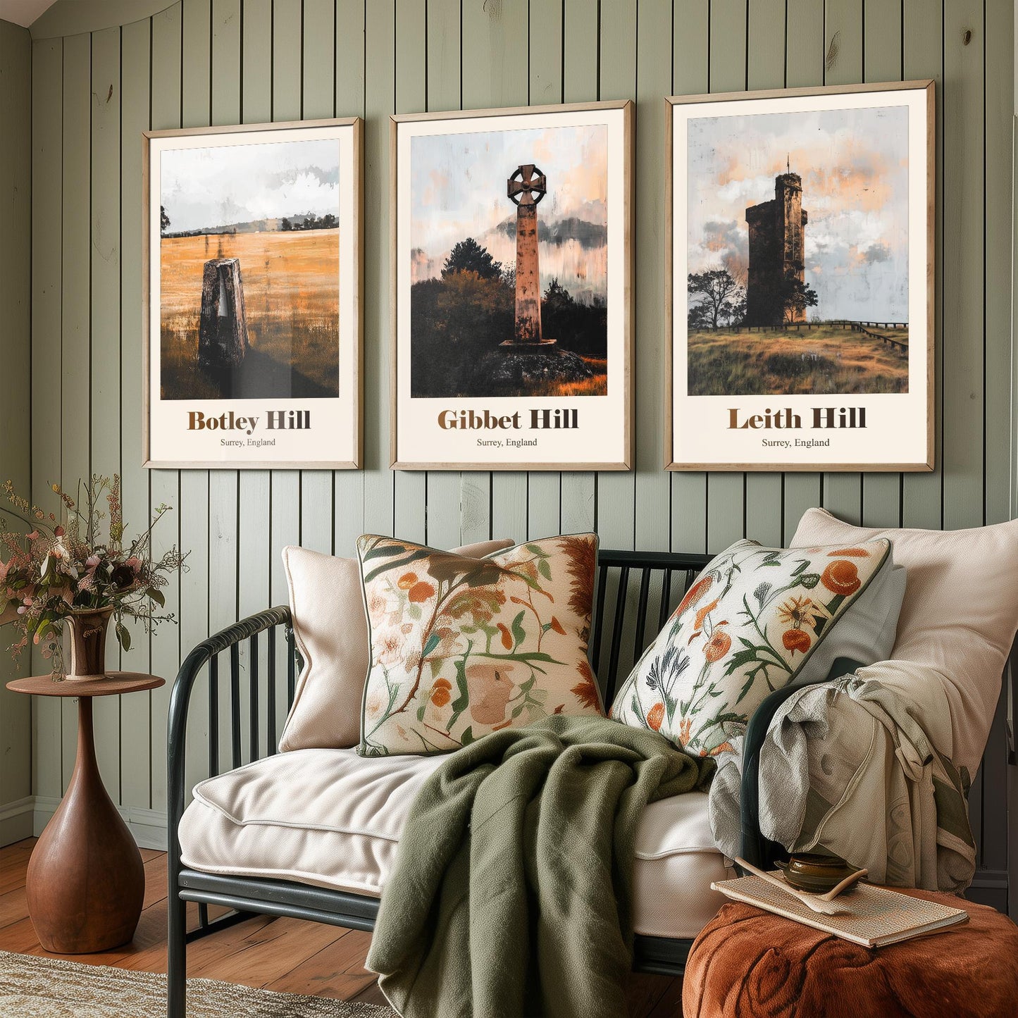 Surrey England Set of Three Art Prints - Botley Hill, Gibbet Hill, Leith Hill - 3 Hills Poster Landscape Painting Gift Map